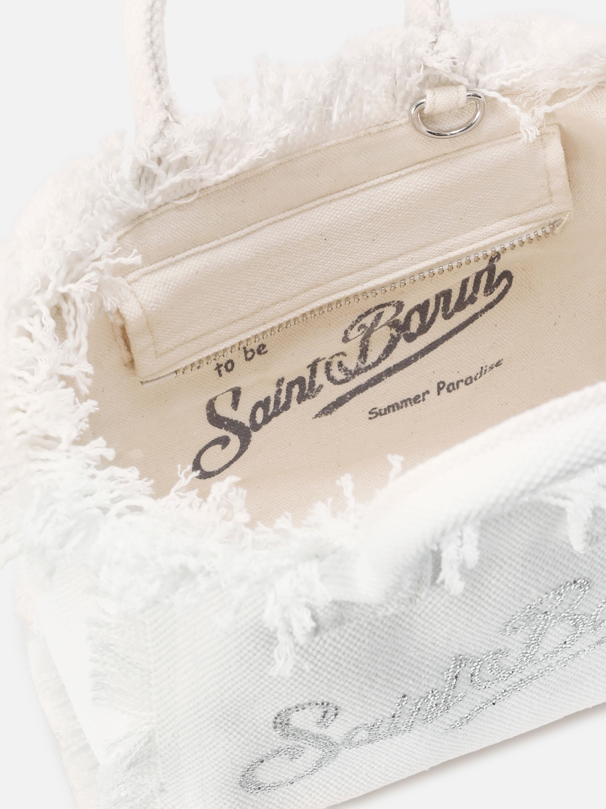 Bolso Vanity mini en lona blanca con logo de strass