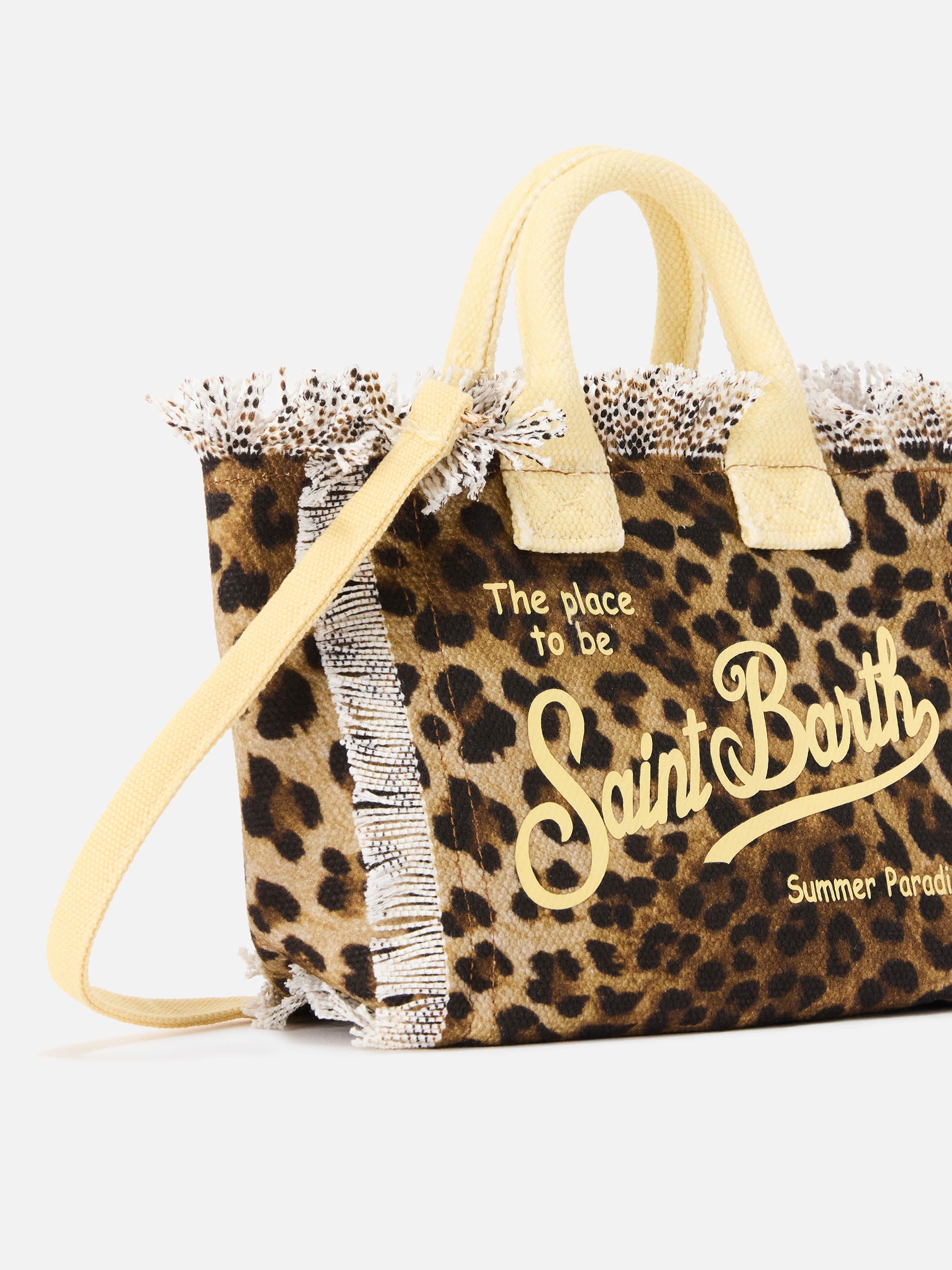 Bolso Vanity mini en lona con estampado de leopardo y detalles amarillos