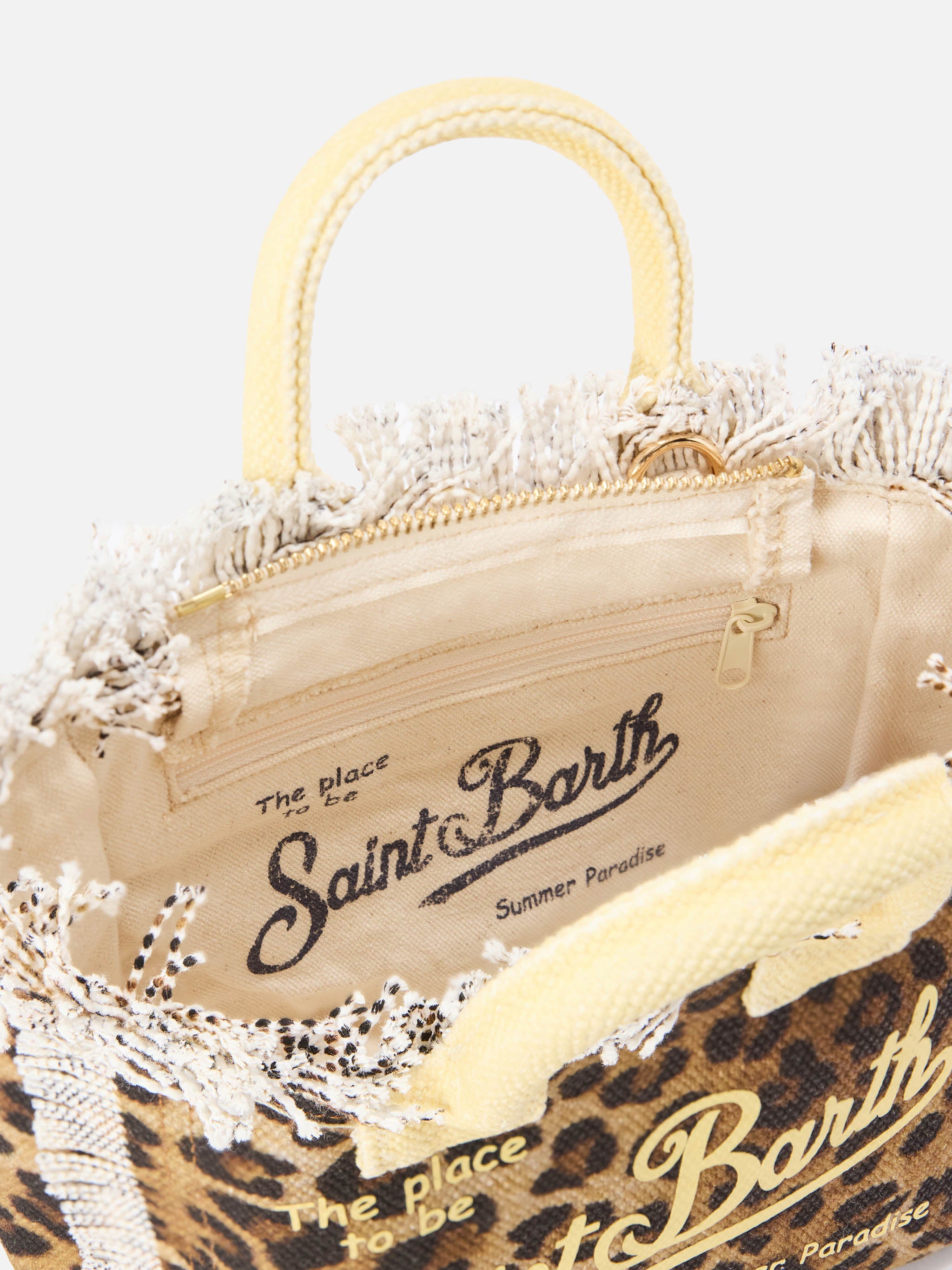 Bolso Vanity mini en lona con estampado de leopardo y detalles amarillos