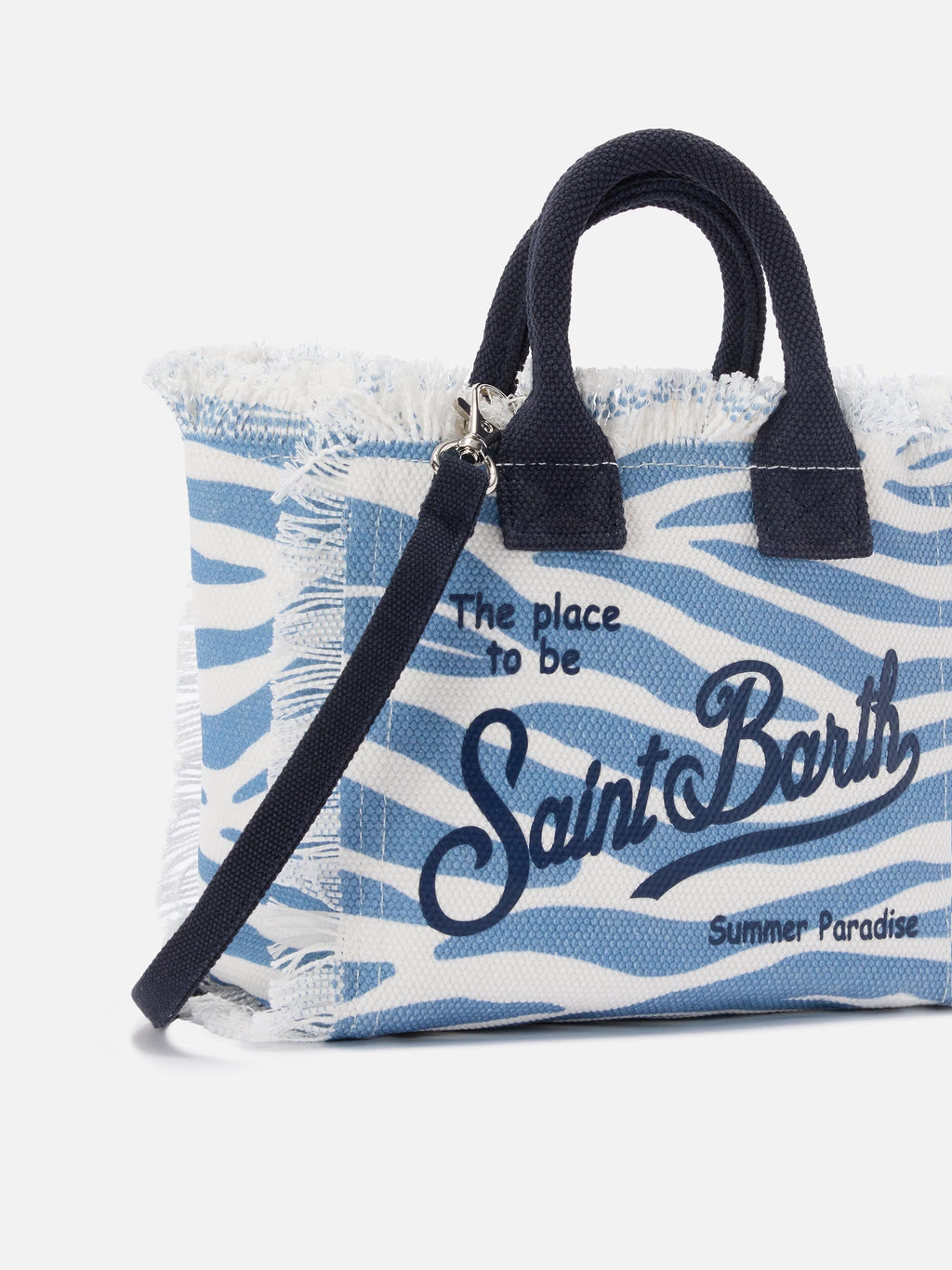 Bolso Vanity mini de lona con estampado de cebra azul