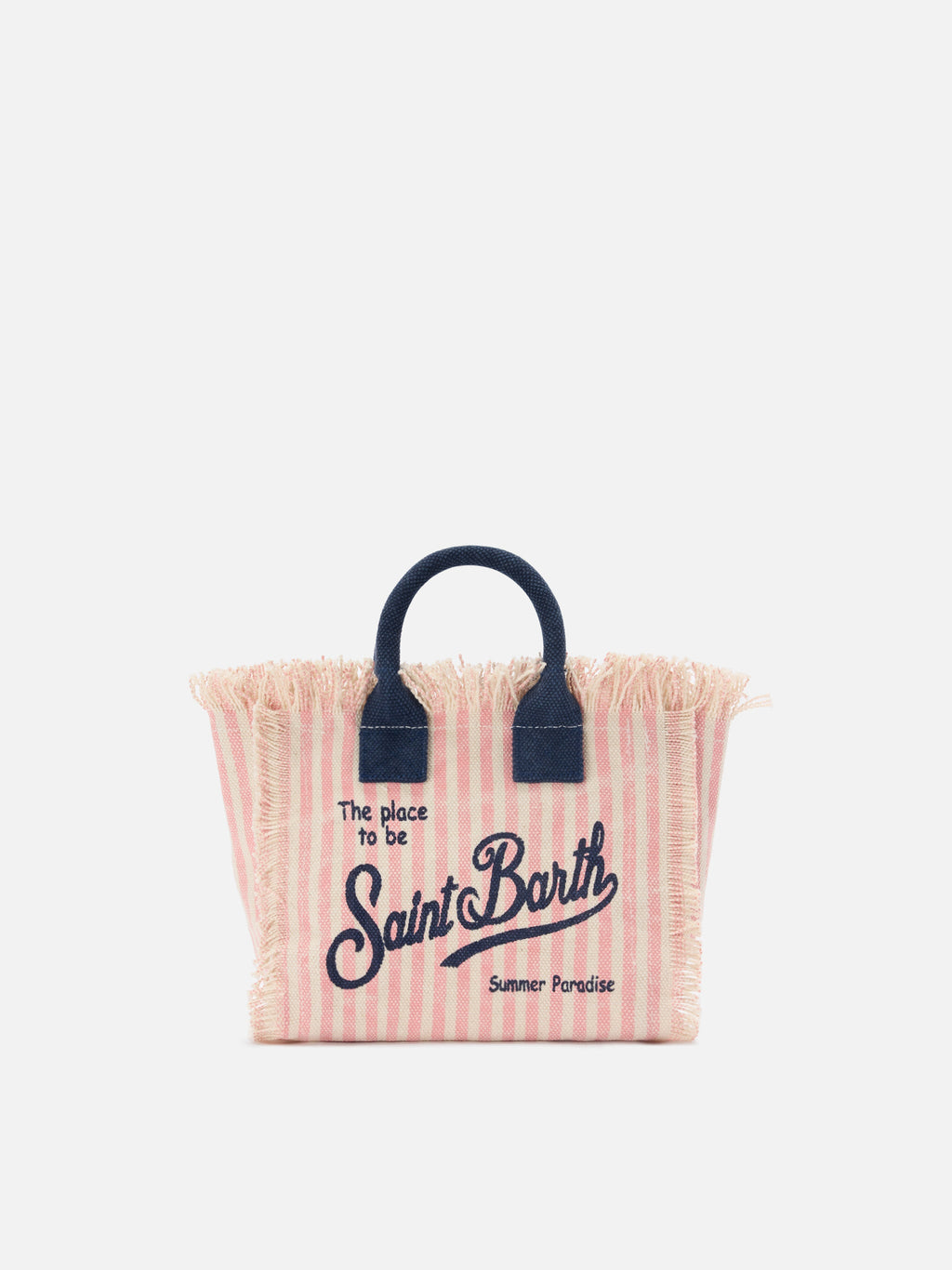 Bolso vanity mini en lona a rayas rosa con detalles azules