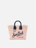 Bolso vanity mini en lona a rayas rosa con detalles azules