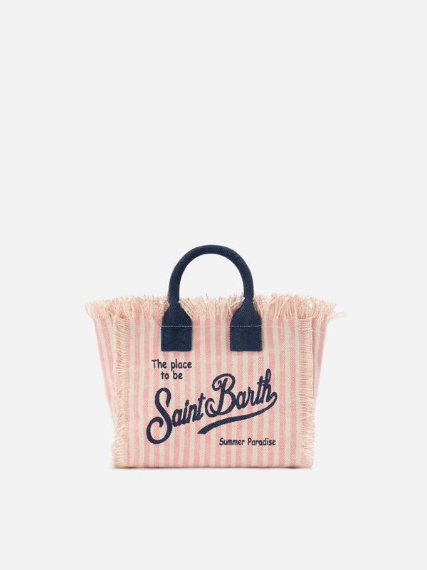 Bolso vanity mini en lona a rayas rosa con detalles azules