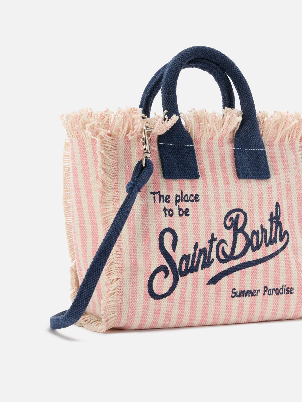 Bolso vanity mini en lona a rayas rosa con detalles azules