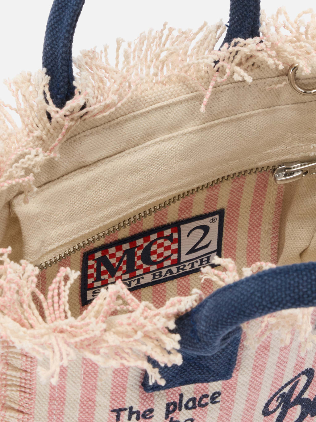 Bolso vanity mini en lona a rayas rosa con detalles azules