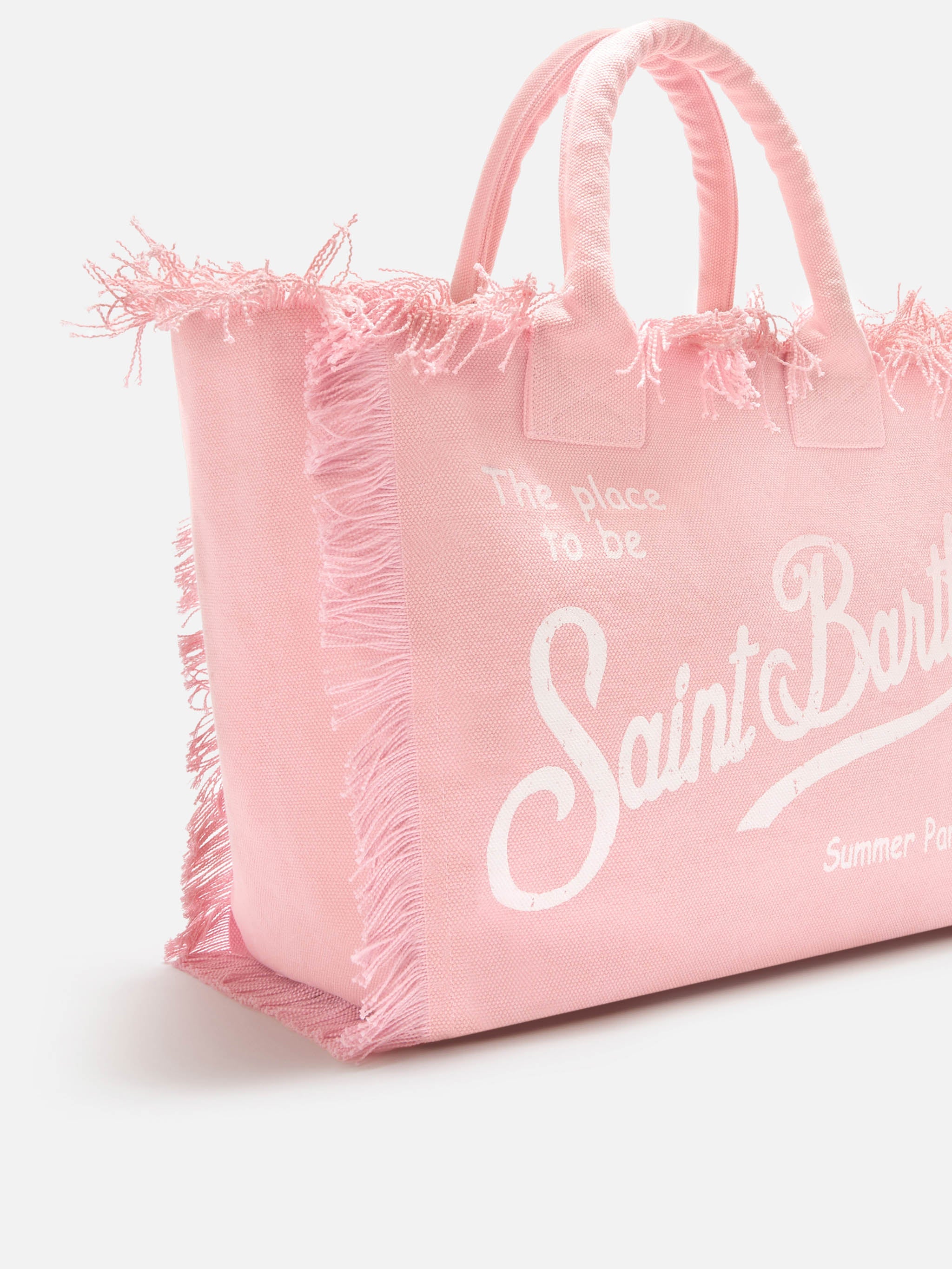 Bolso Vanity de tamaño regular rosa en lona con flecos