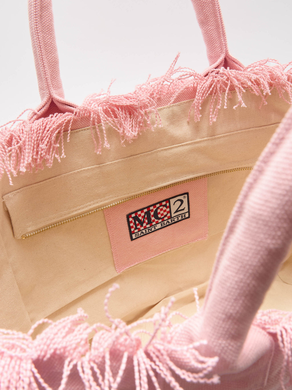 Bolso Vanity de tamaño regular rosa en lona con flecos