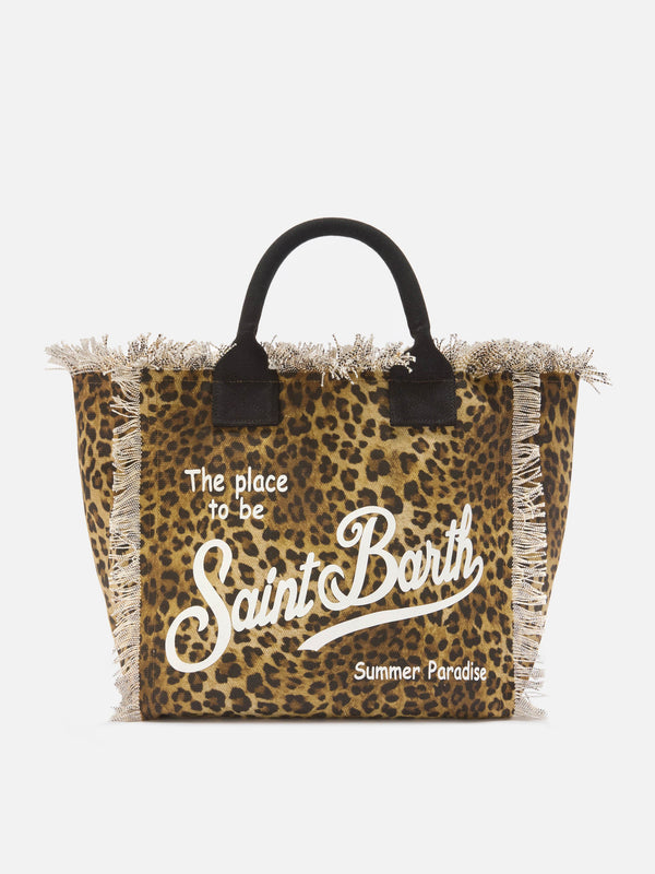 Bolso Vanity Regular en lona estampada de leopardo con detalles de flecos