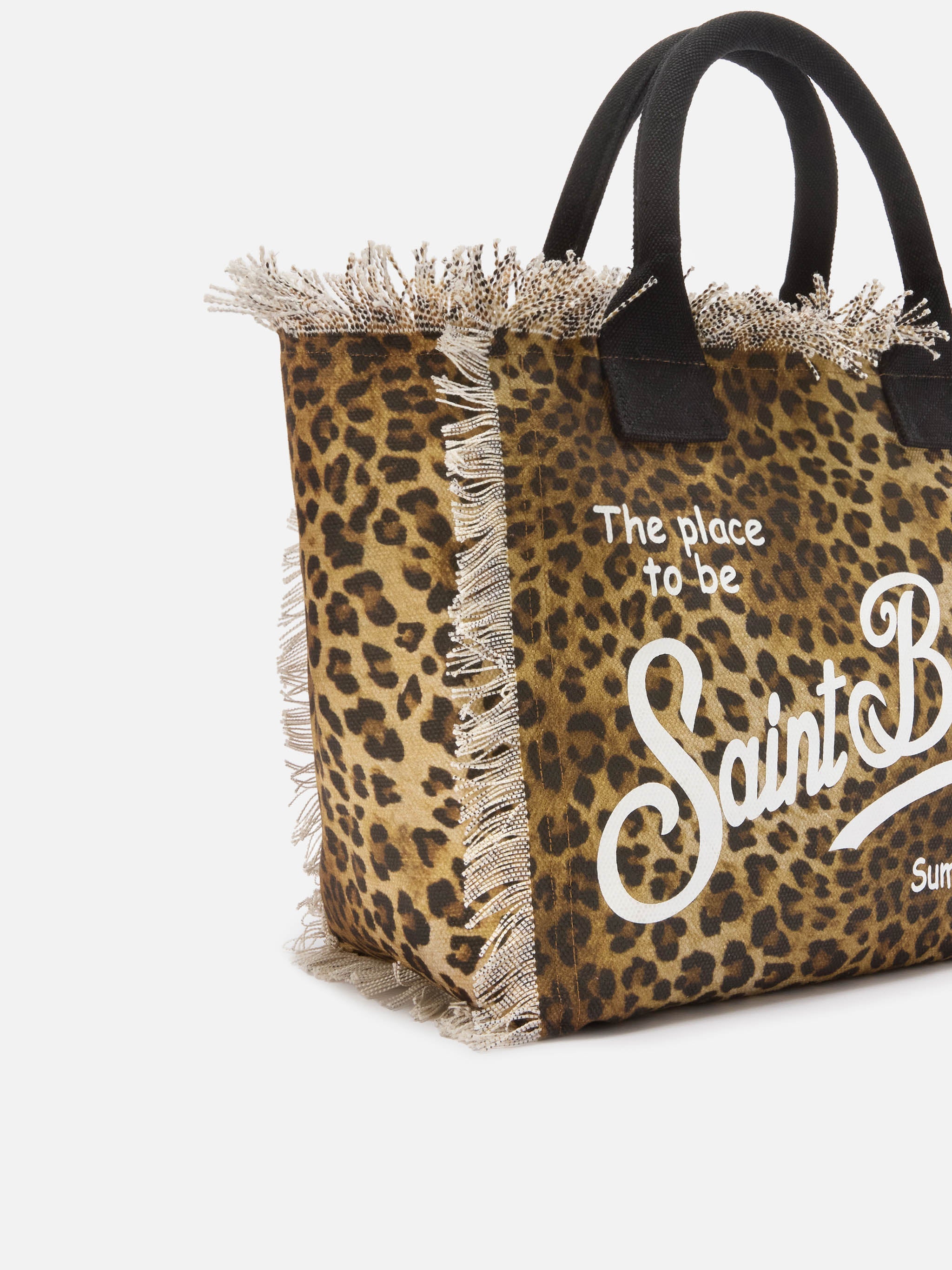 Bolso Vanity Regular en lona estampada de leopardo con detalles de flecos