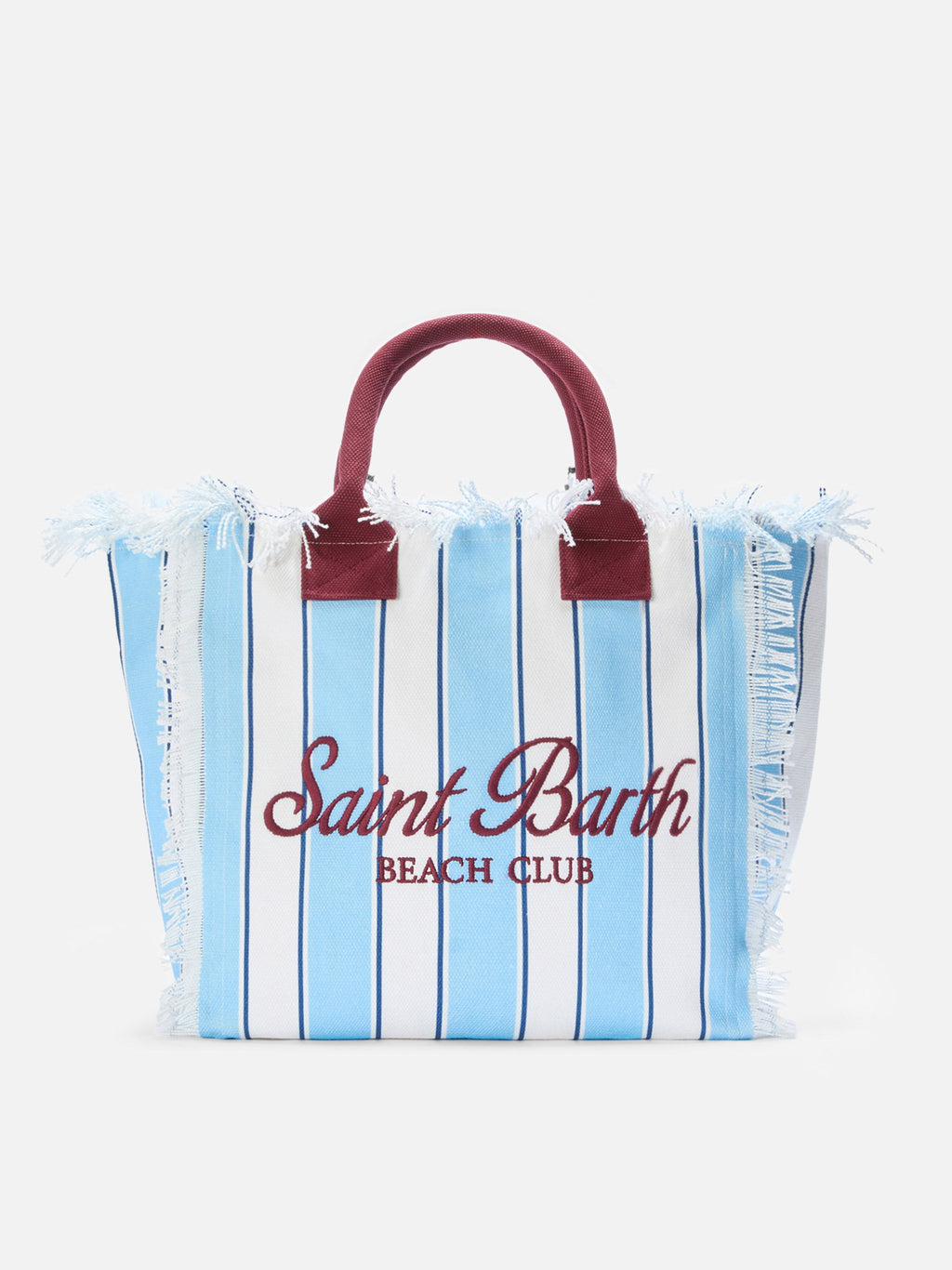 Bolso Vanity regular de lona a rayas azules con detalles bordó