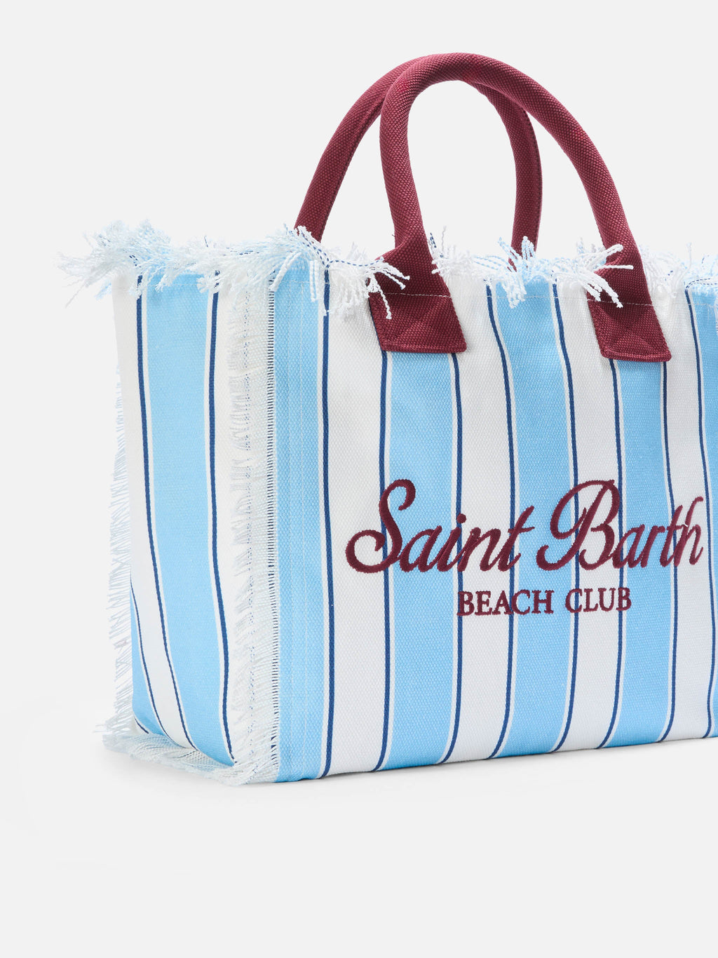 Bolso Vanity regular de lona a rayas azules con detalles bordó
