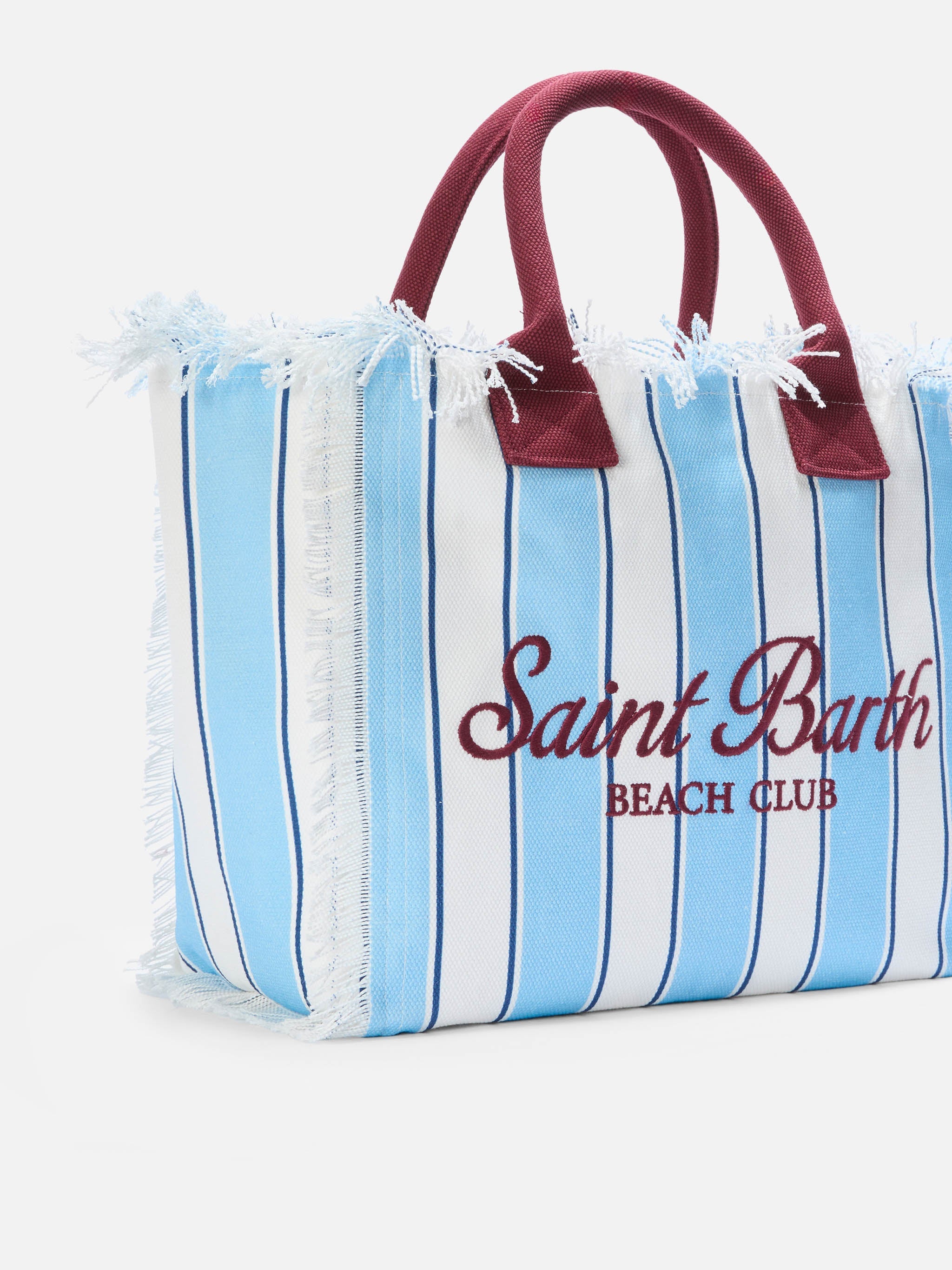 Bolso Vanity regular de lona a rayas azules con detalles bordó