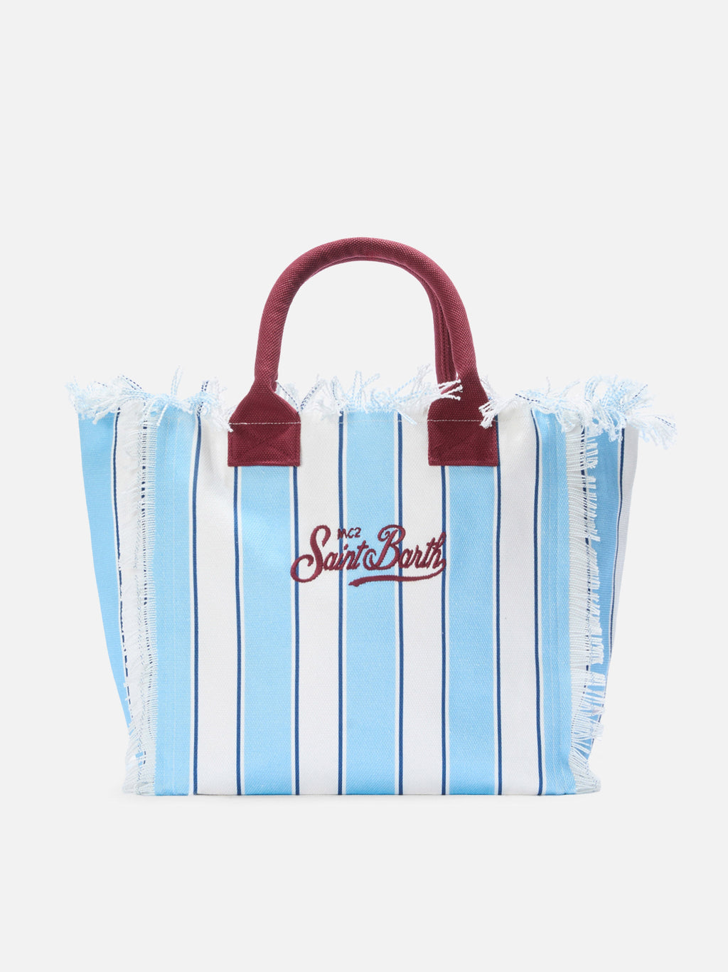 Bolso Vanity regular de lona a rayas azules con detalles bordó