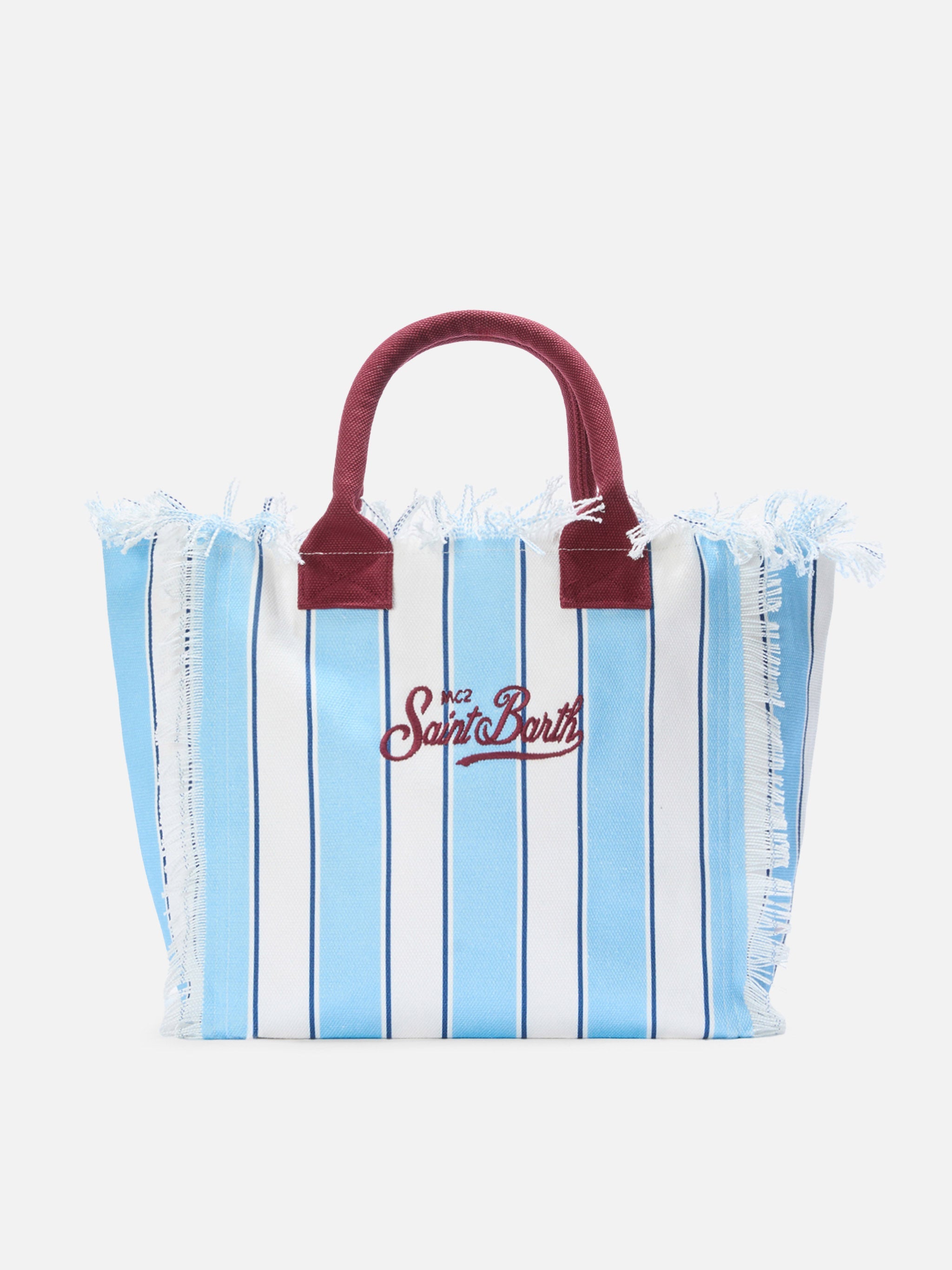 Bolso Vanity regular de lona a rayas azules con detalles bordó