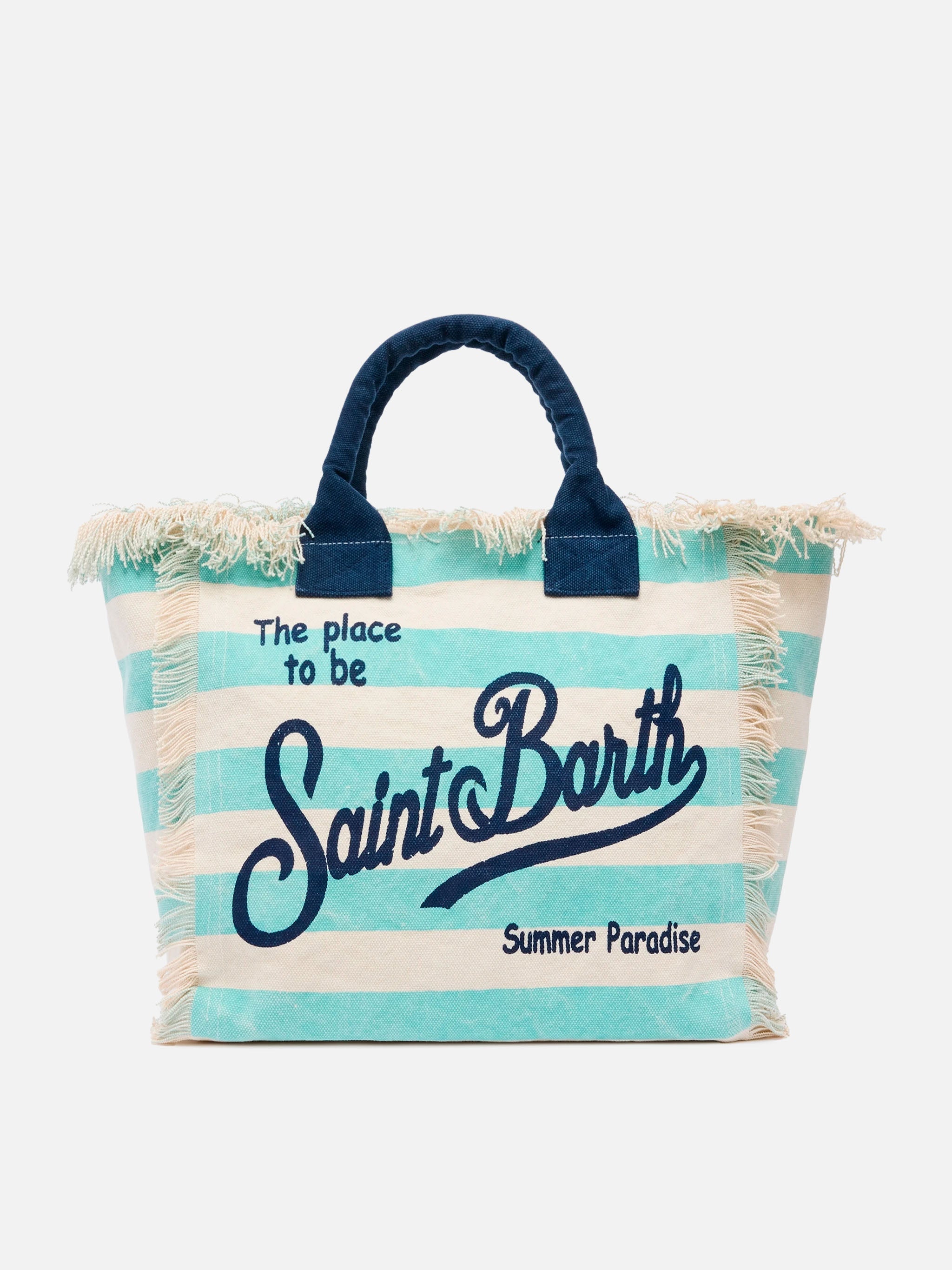 Bolso de hombro Vanity en lona de algodón con estampado a rayas verde agua
