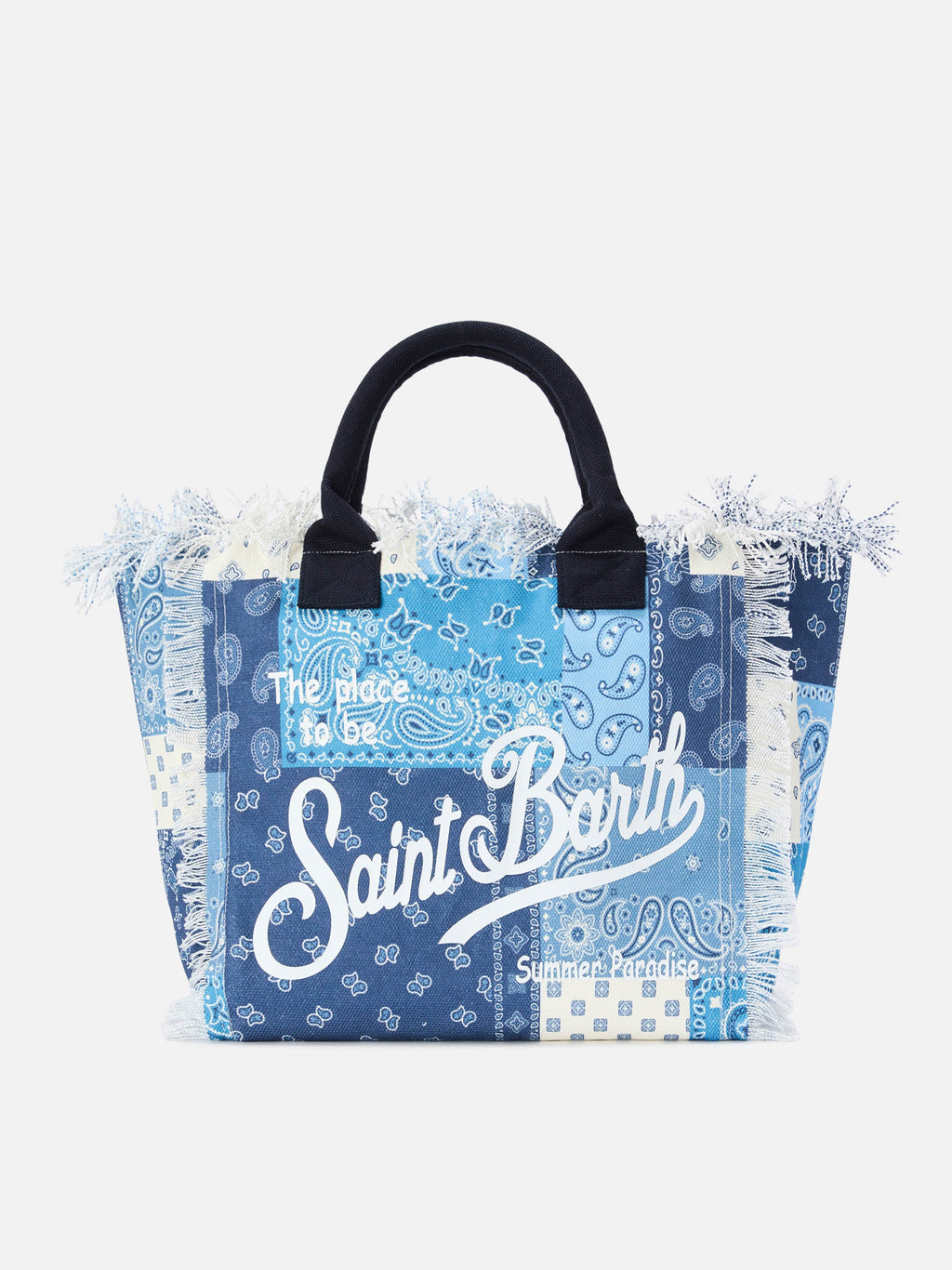 Bolso Vanity de tamaño regular en lona con estampado de bandana patchwork azul