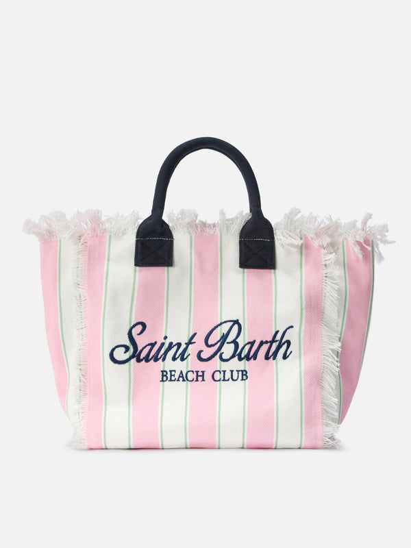Bolso Vanity de lona de tamaño regular con rayas verticales rosas