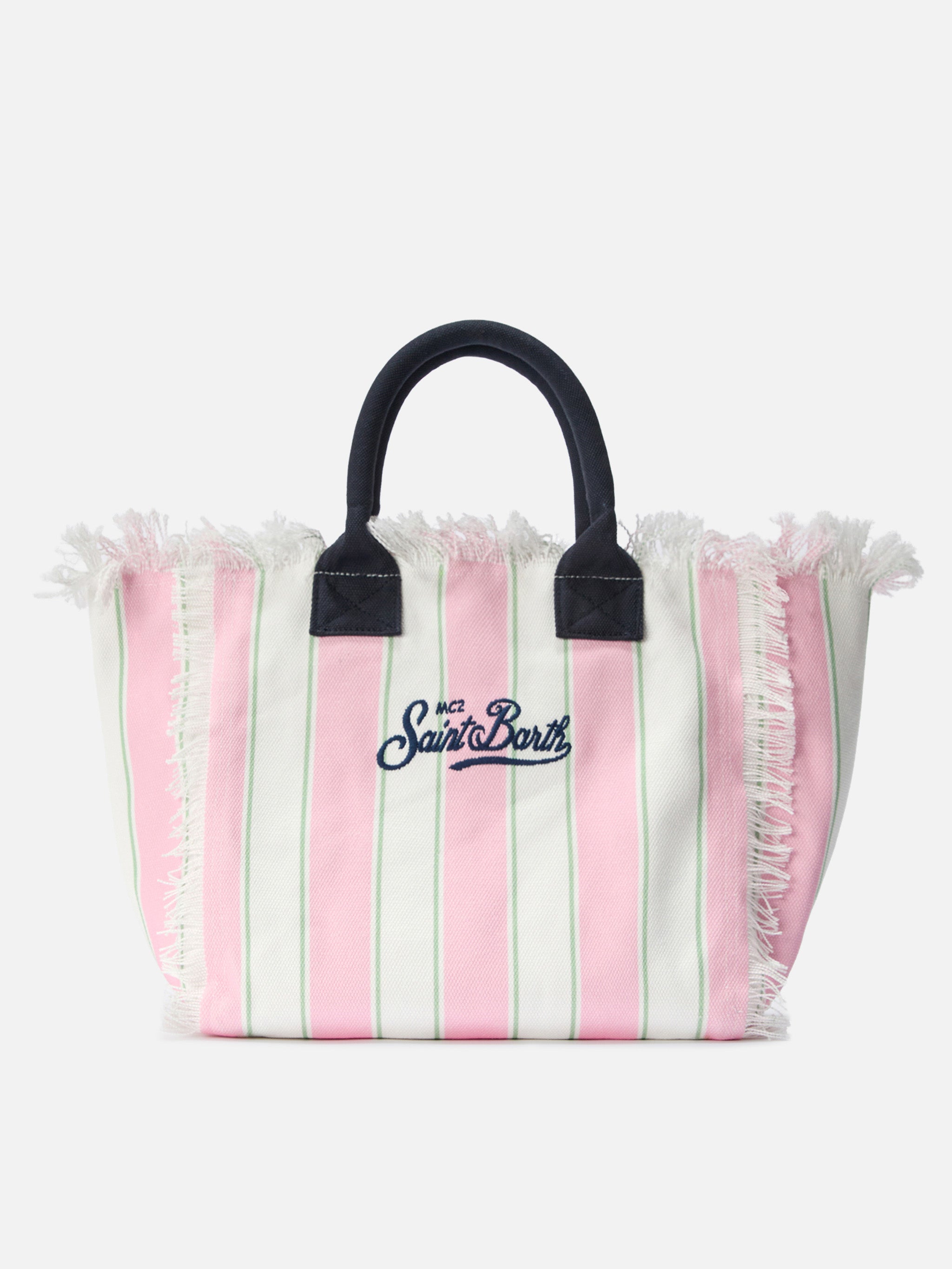 Bolso Vanity de lona de tamaño regular con rayas verticales rosas