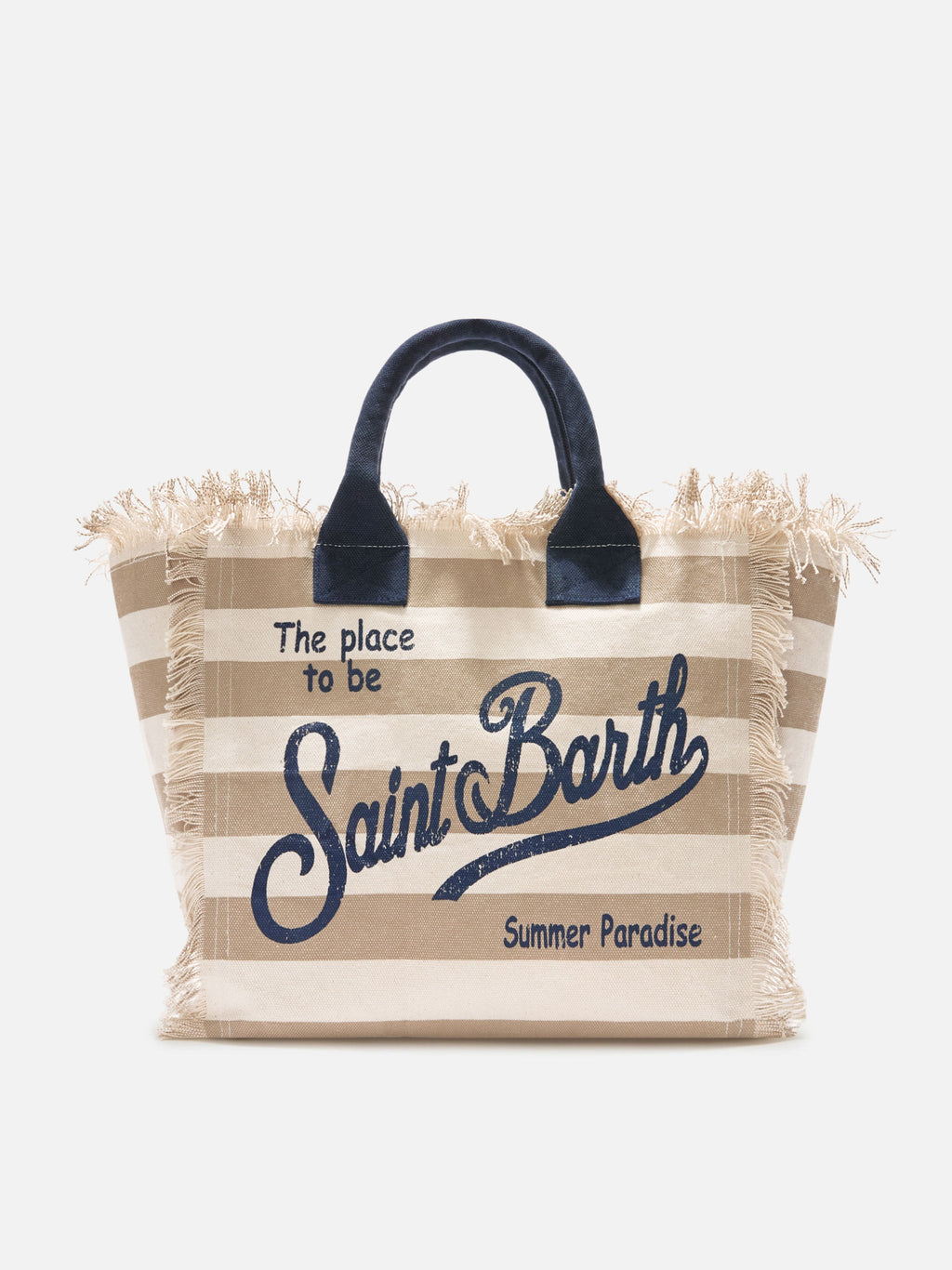 Bolso Vanity regular en lona con rayas horizontales beige