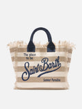 Bolso Vanity regular en lona con rayas horizontales beige