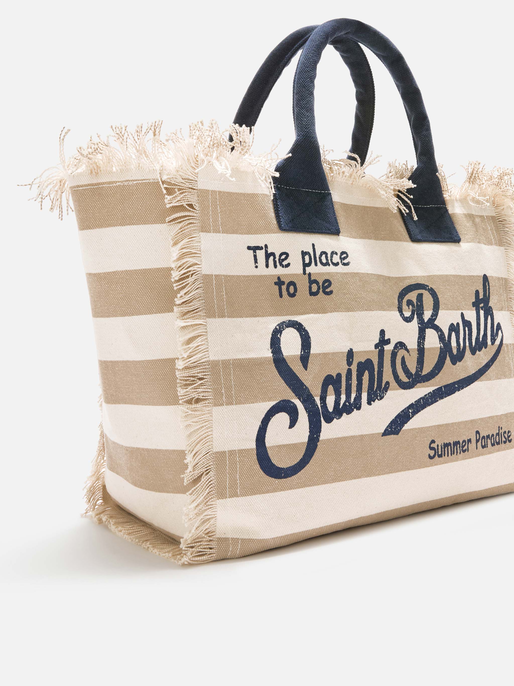 Bolso Vanity regular en lona con rayas horizontales beige