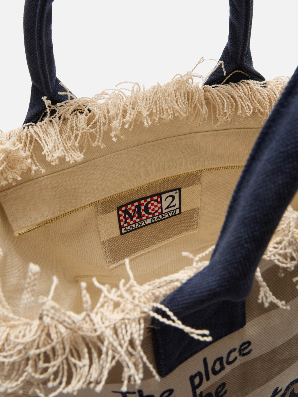 Bolso Vanity regular en lona con rayas horizontales beige