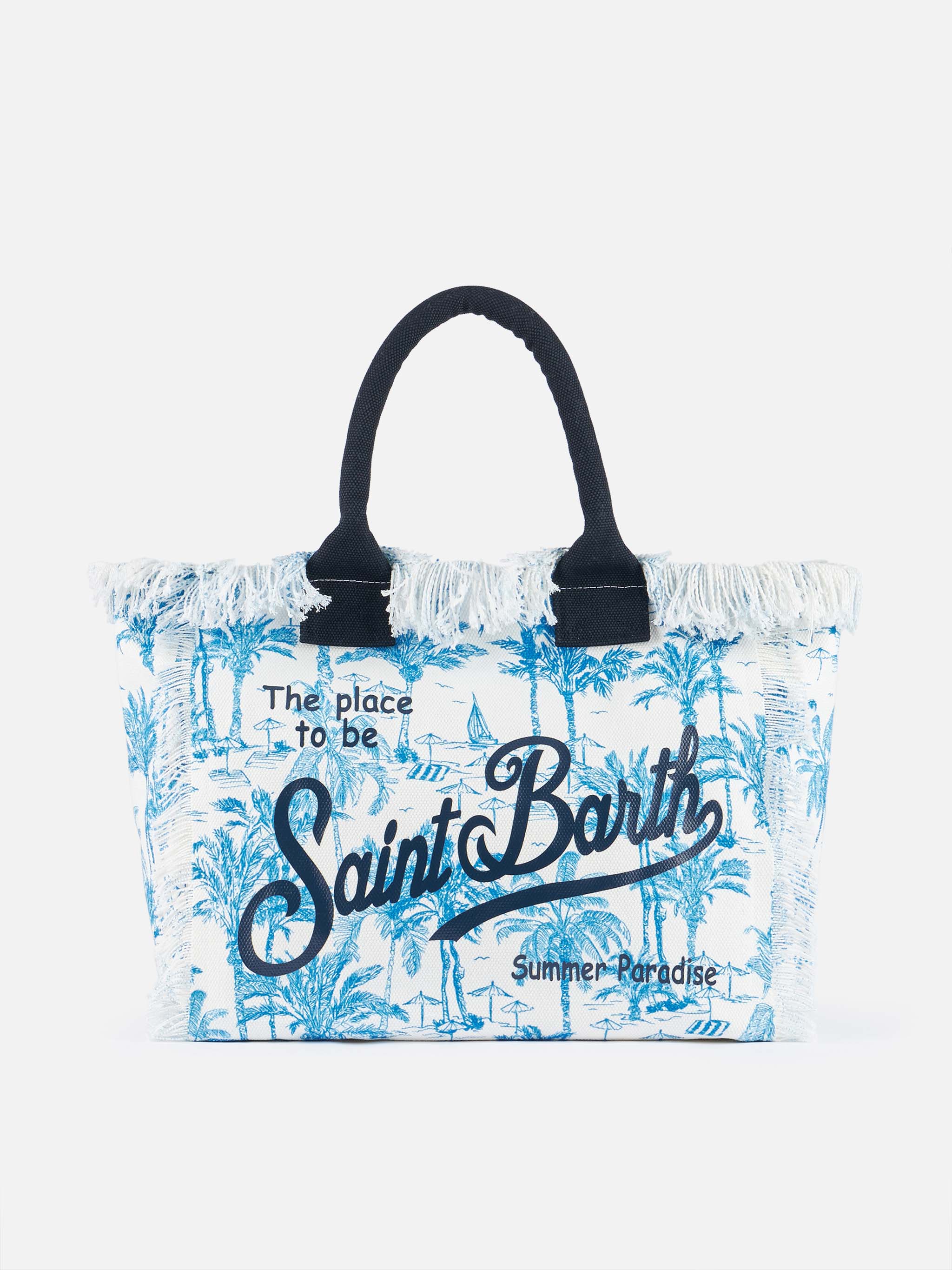 Bolso de hombro Vanity en lona de algodón azul claro con estampado toile de Jouy