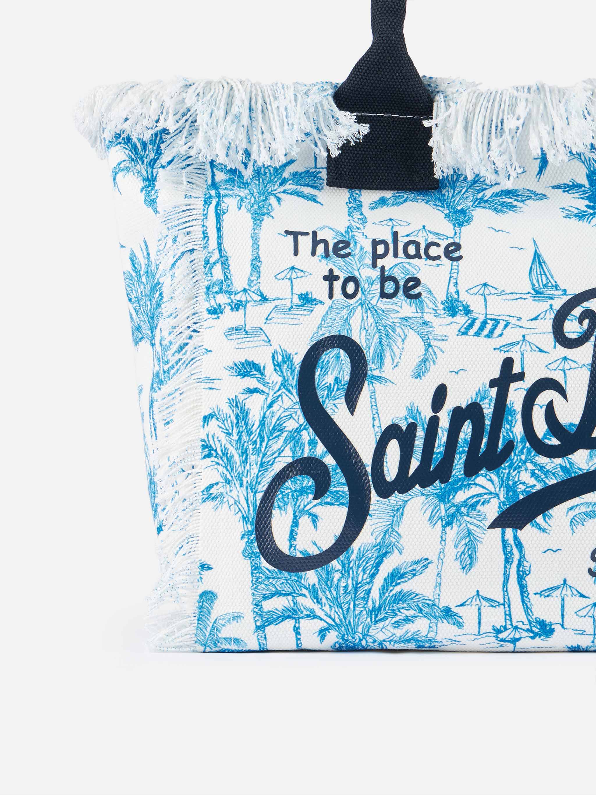 Bolso de hombro Vanity en lona de algodón azul claro con estampado toile de Jouy
