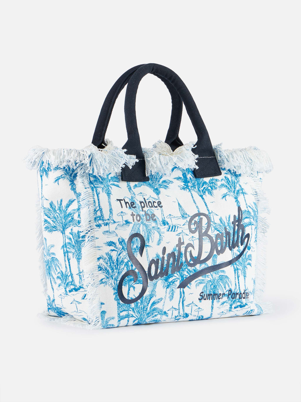 Bolso de hombro Vanity en lona de algodón azul claro con estampado toile de Jouy