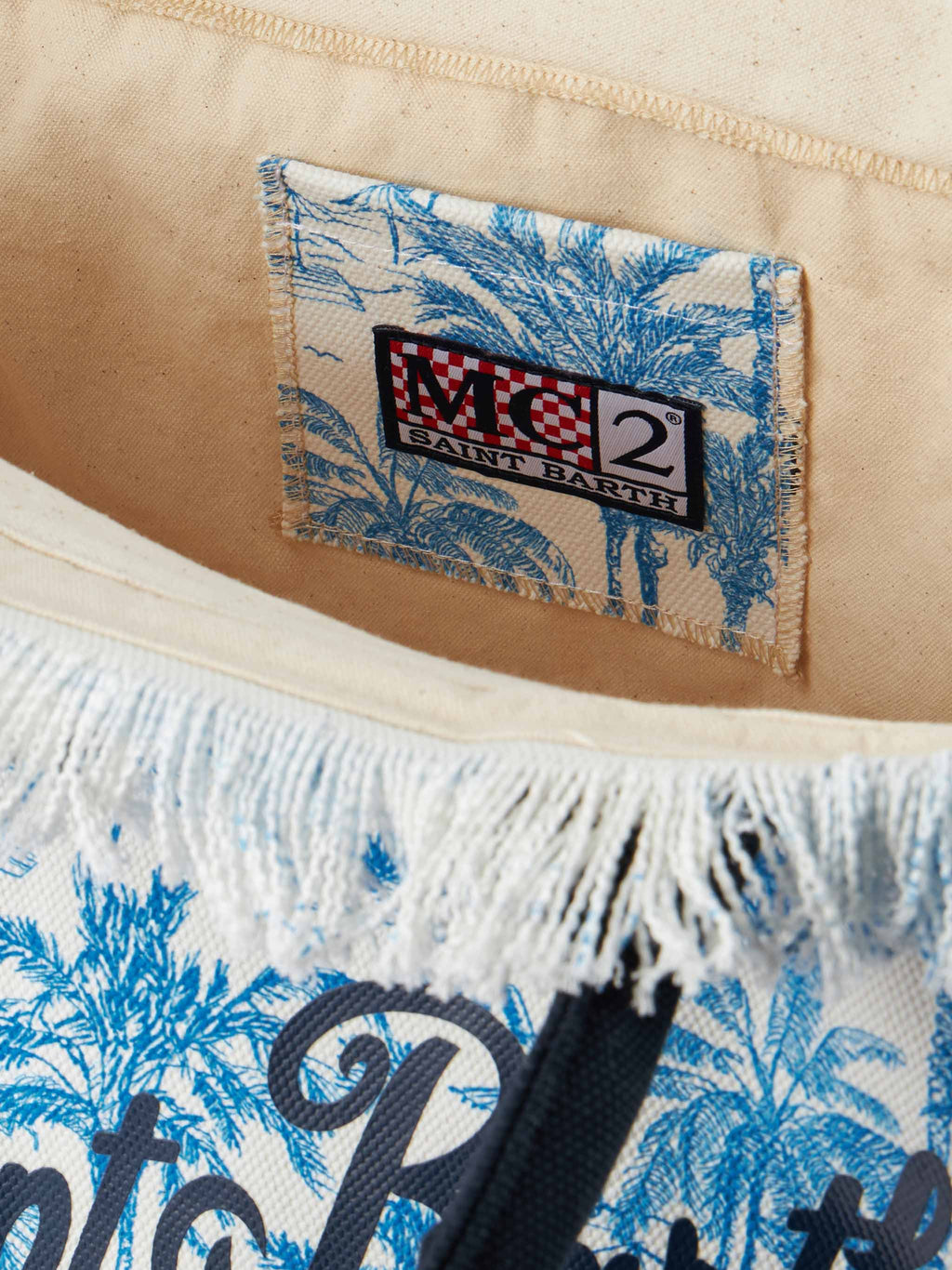 Bolso de hombro Vanity en lona de algodón azul claro con estampado toile de Jouy