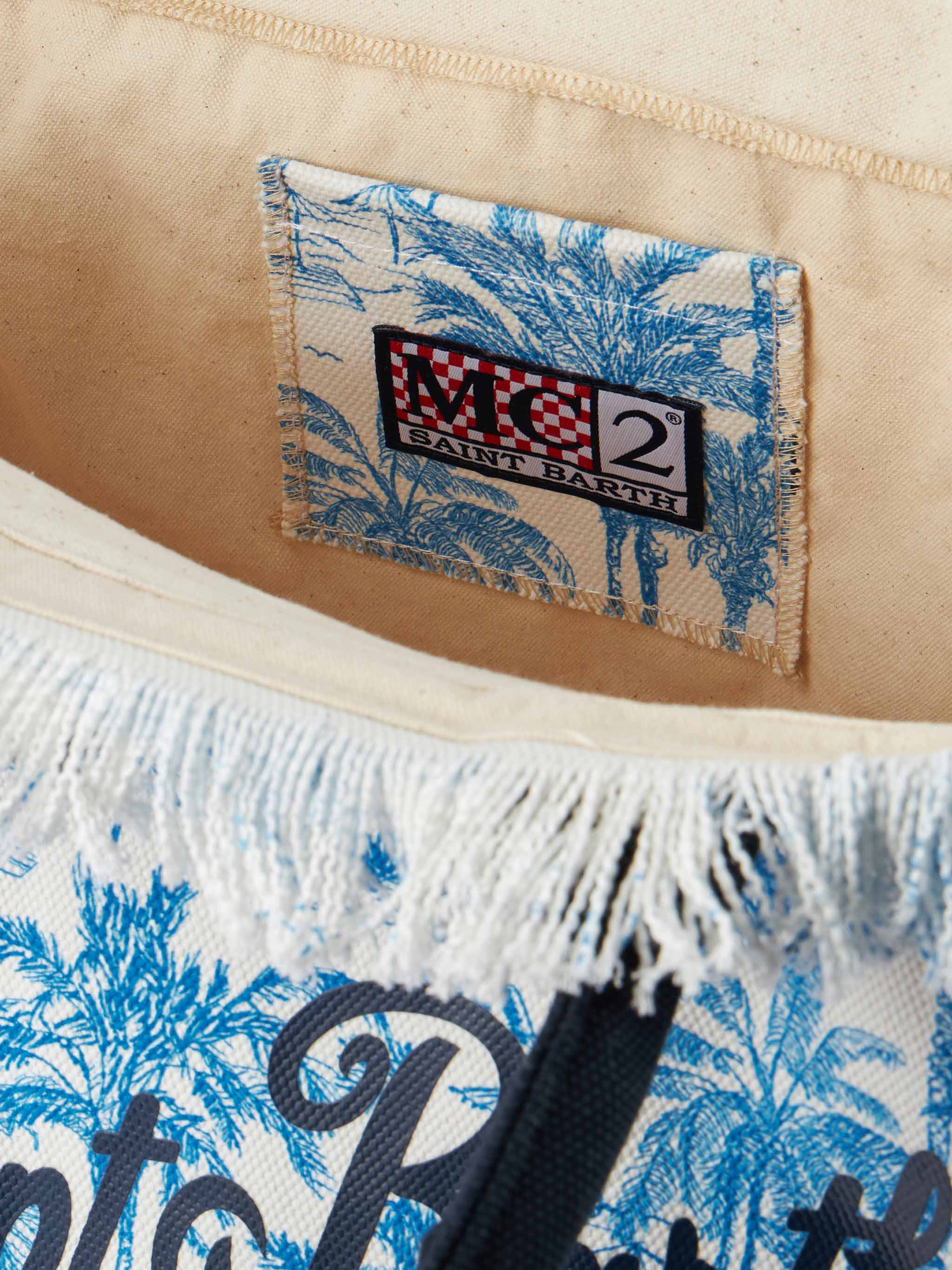 Bolso de hombro Vanity en lona de algodón azul claro con estampado toile de Jouy