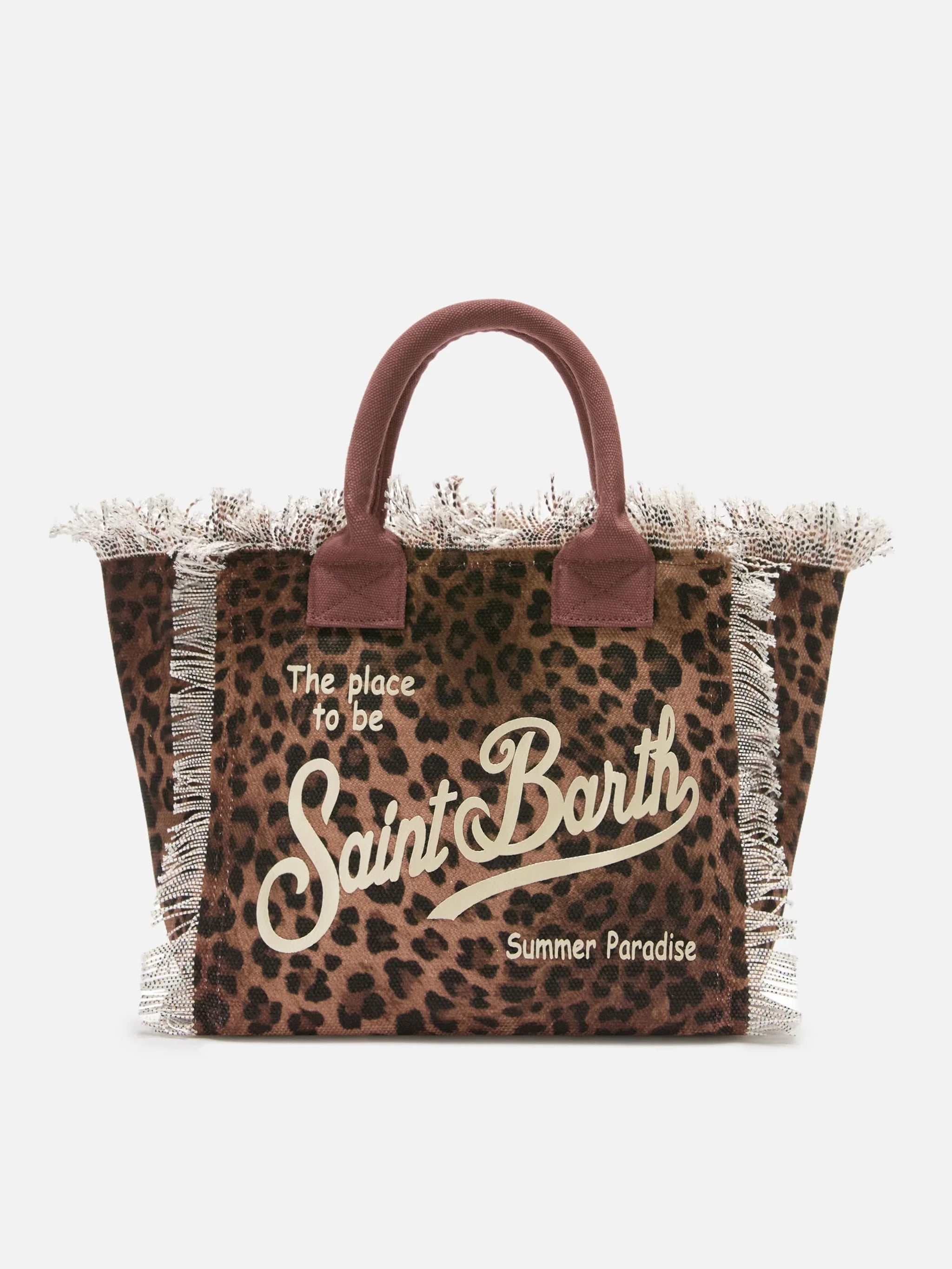 Bolso Vanity de tamaño regular, estampado leopardo en lona, con flecos.