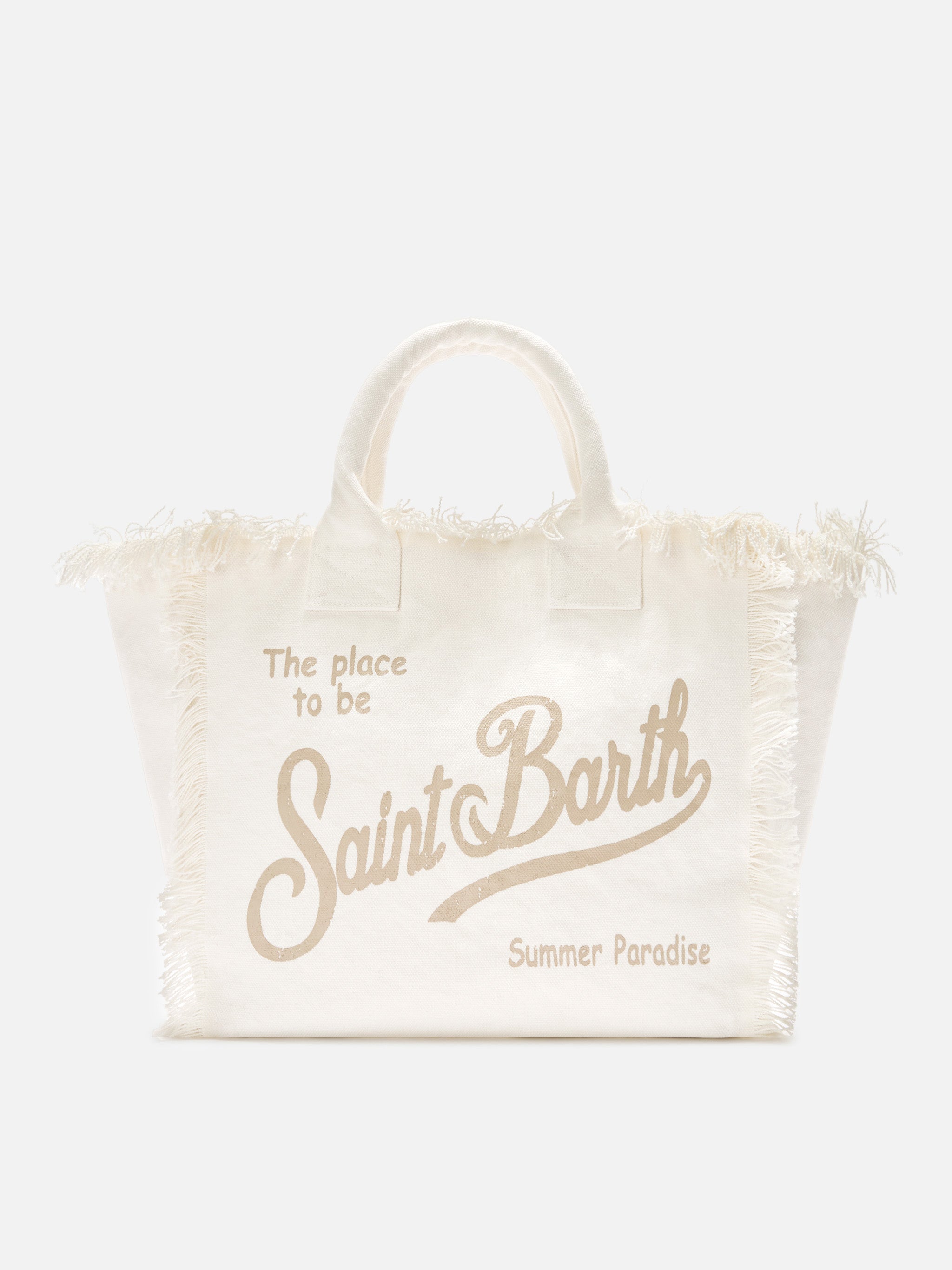 Bolso Vanity blanco de lona con flecos de tamaño regular