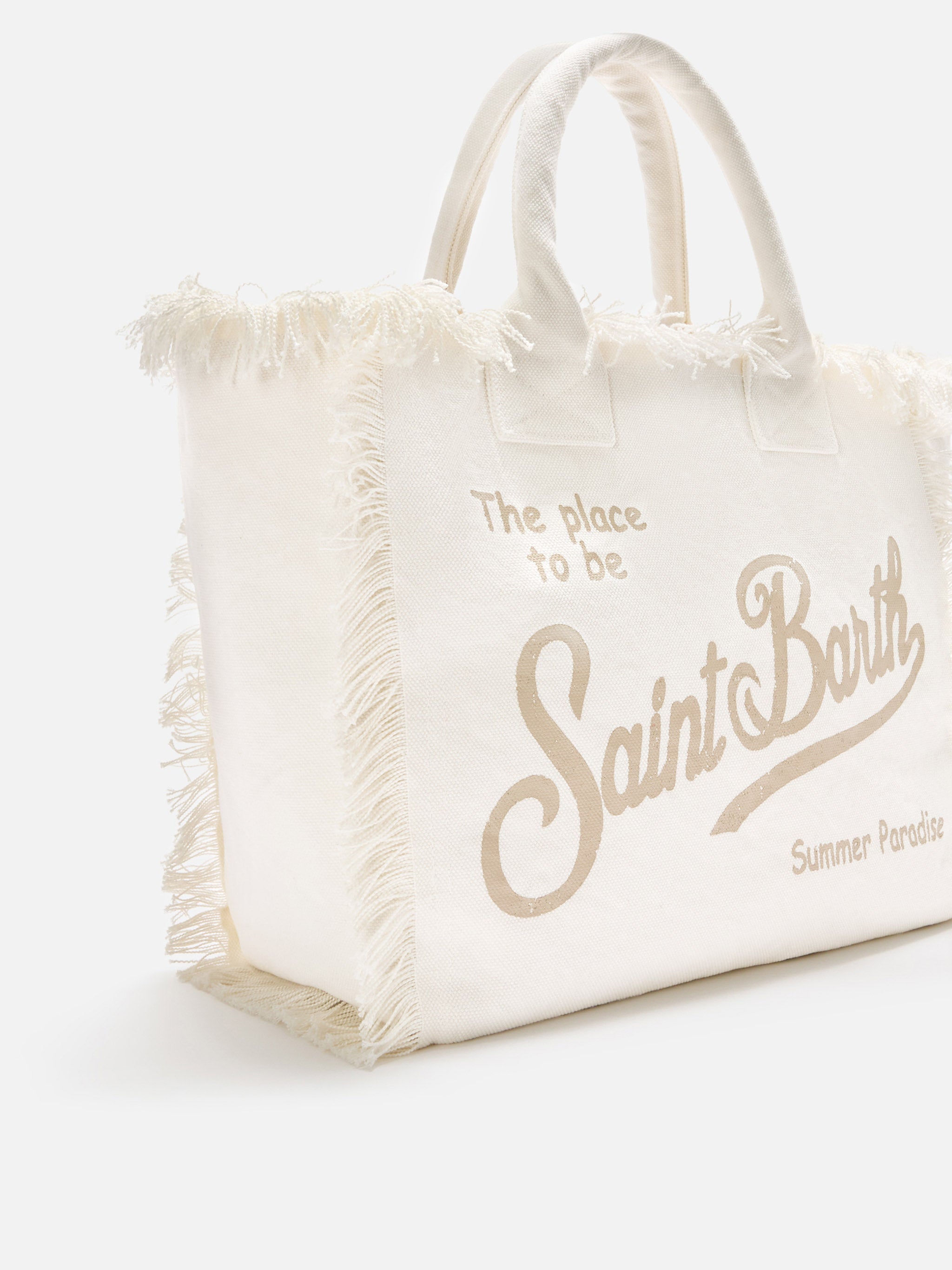 Bolso Vanity blanco de lona con flecos de tamaño regular