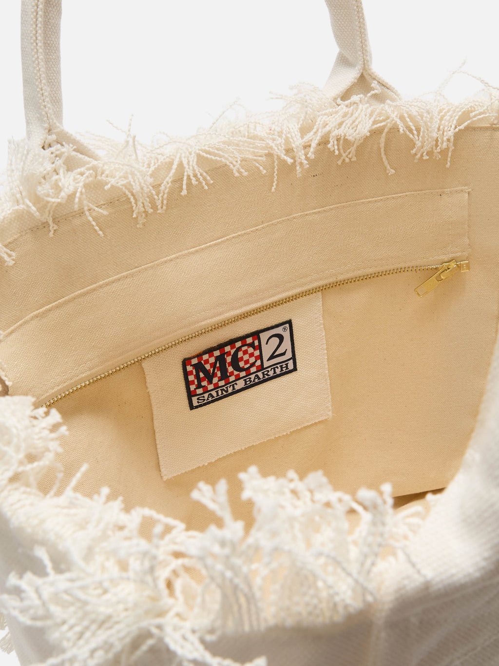 Bolso Vanity blanco de lona con flecos de tamaño regular