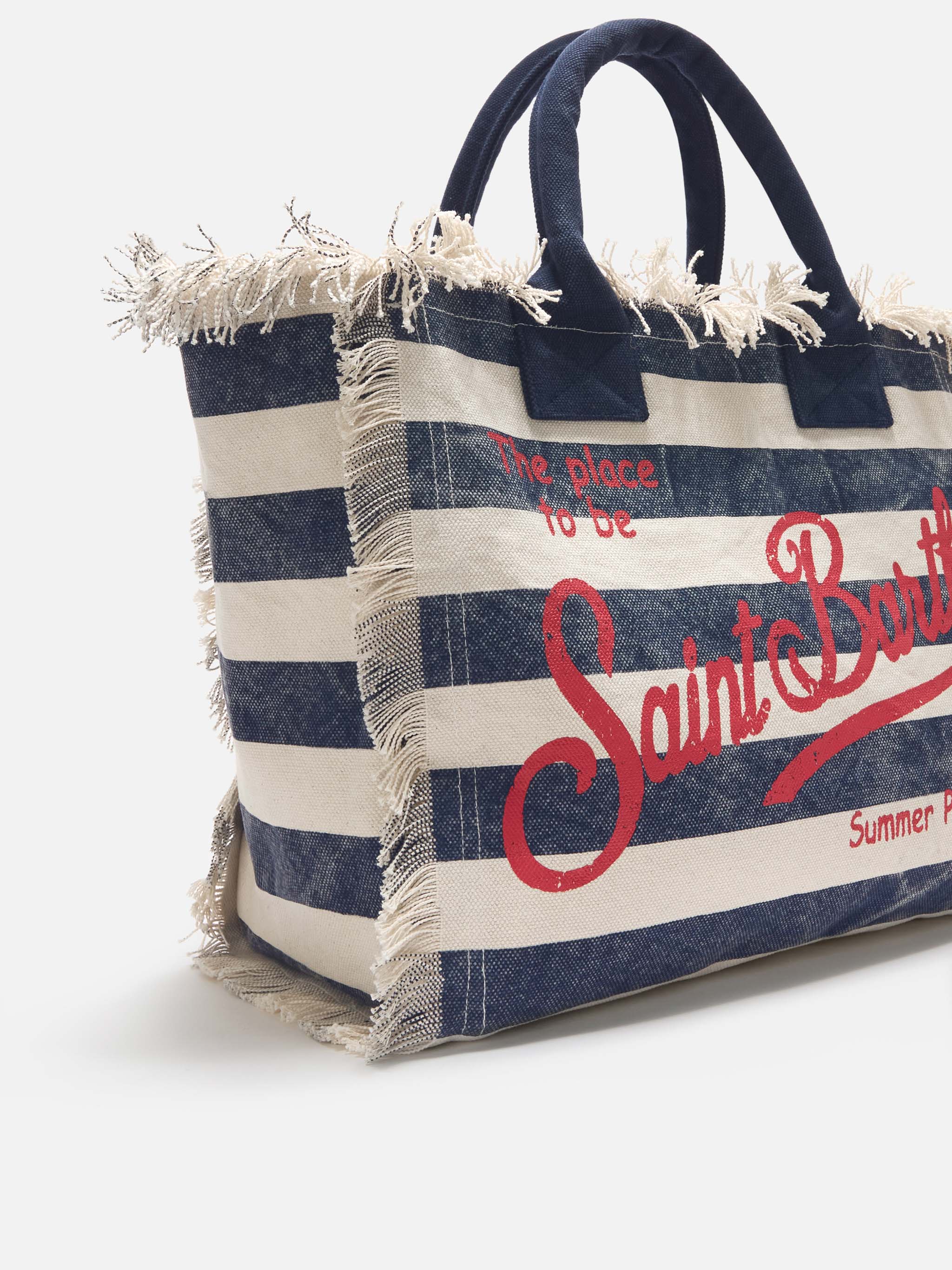 Bolso Vanity de tamaño regular en lona con rayas horizontales azules