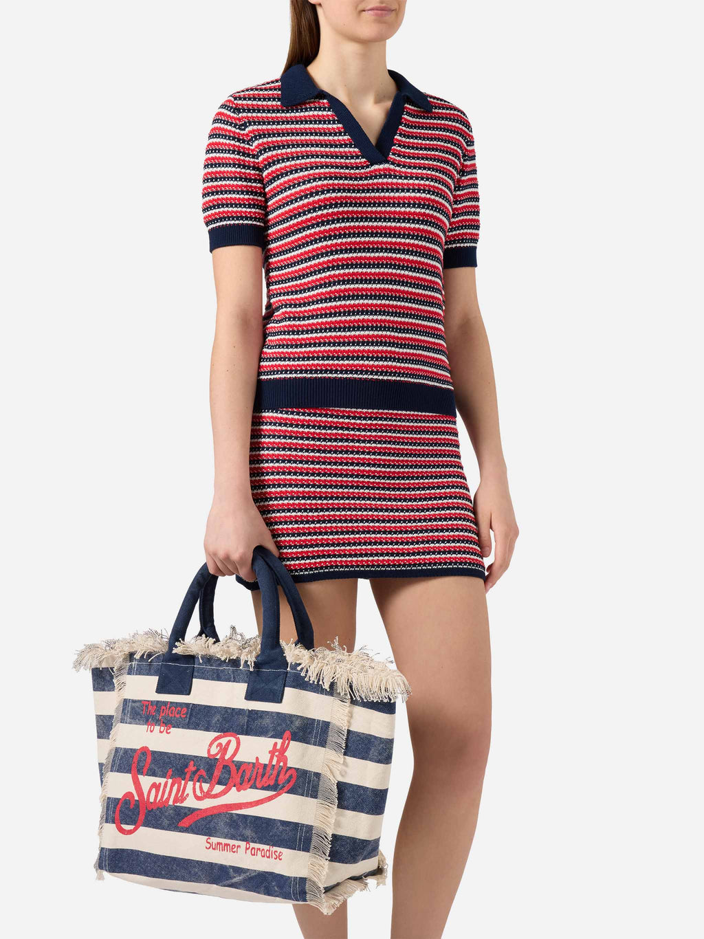 Bolso Vanity de tamaño regular en lona con rayas horizontales azules
