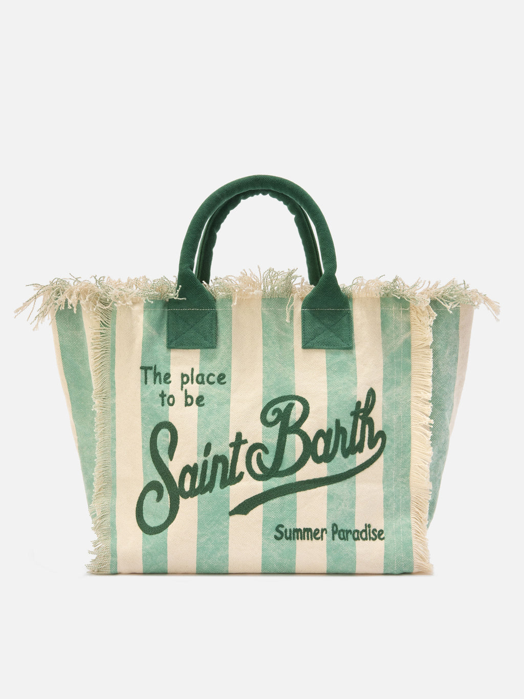 Bolso Vanity tamaño regular en lona con rayas verticales verde claro
