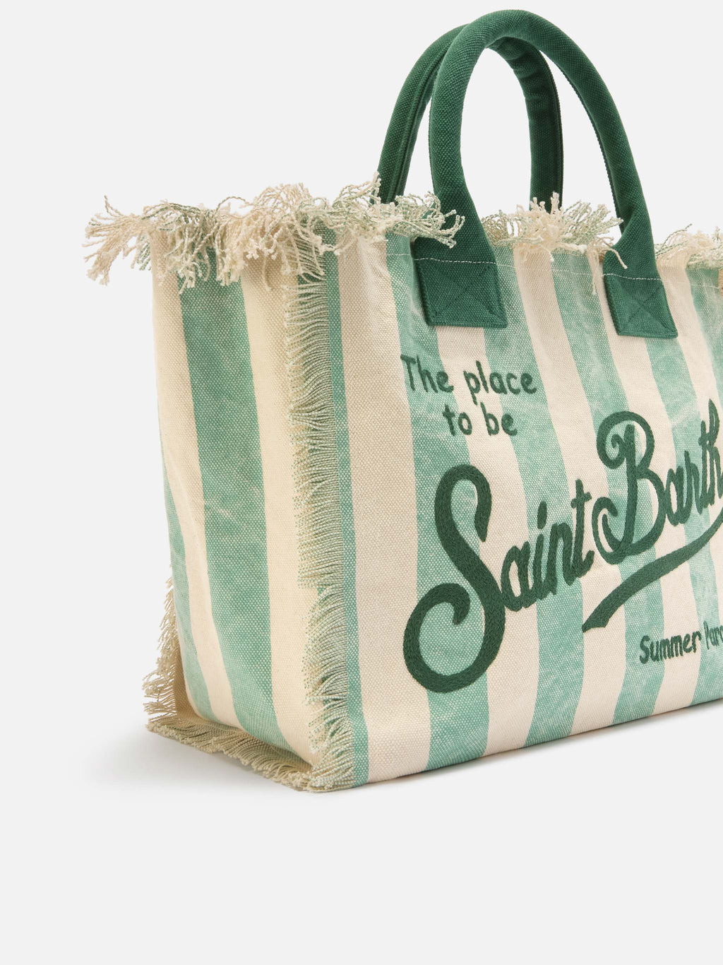 Bolso Vanity tamaño regular en lona con rayas verticales verde claro