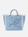 Bolso Vanity regular en lona azul con estampado de leopardo y strass