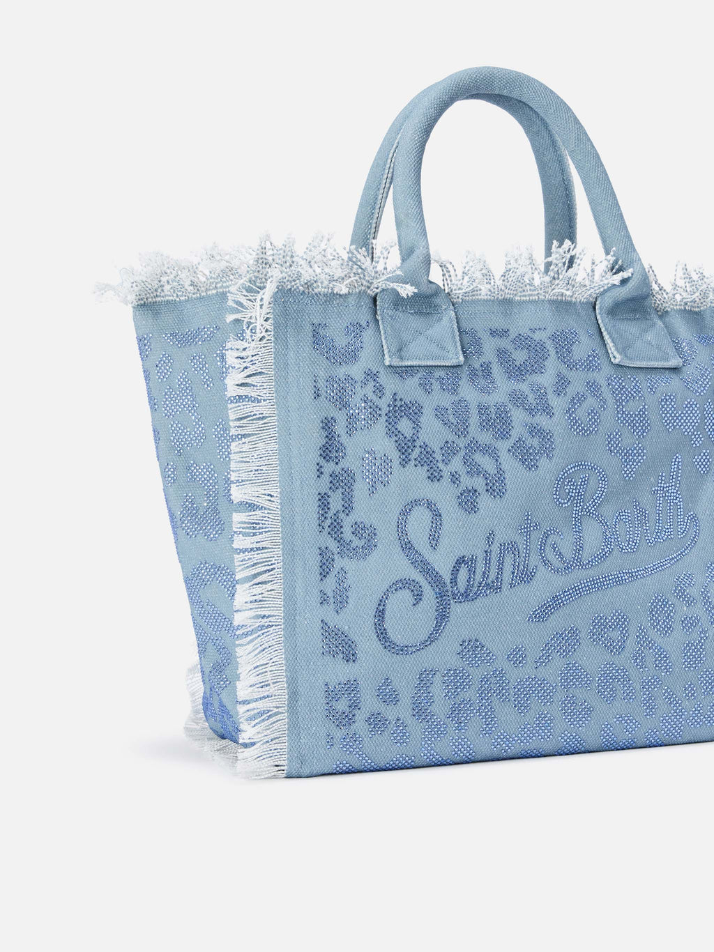 Bolso Vanity regular en lona azul con estampado de leopardo y strass