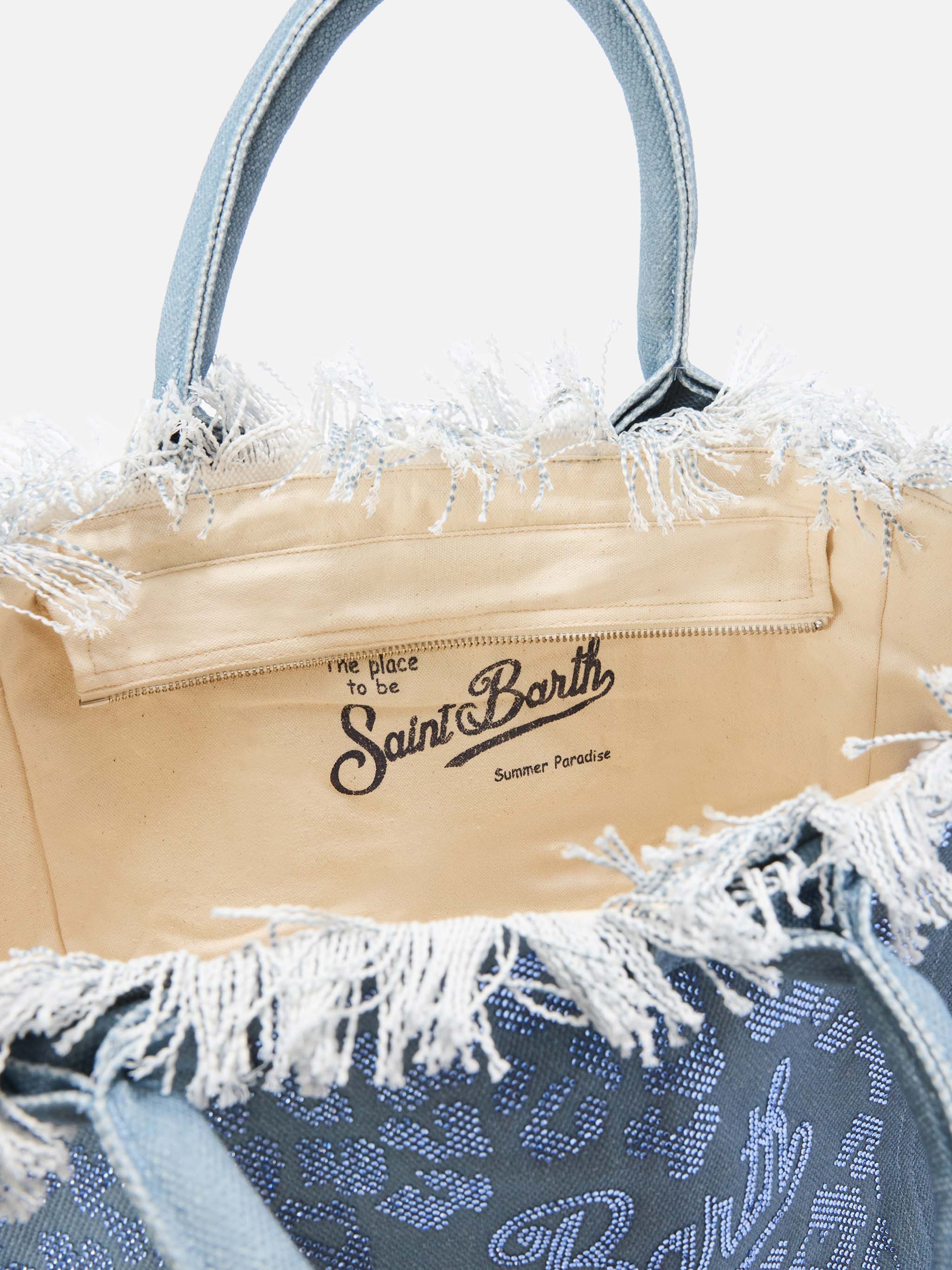 Bolso Vanity regular en lona azul con estampado de leopardo y strass