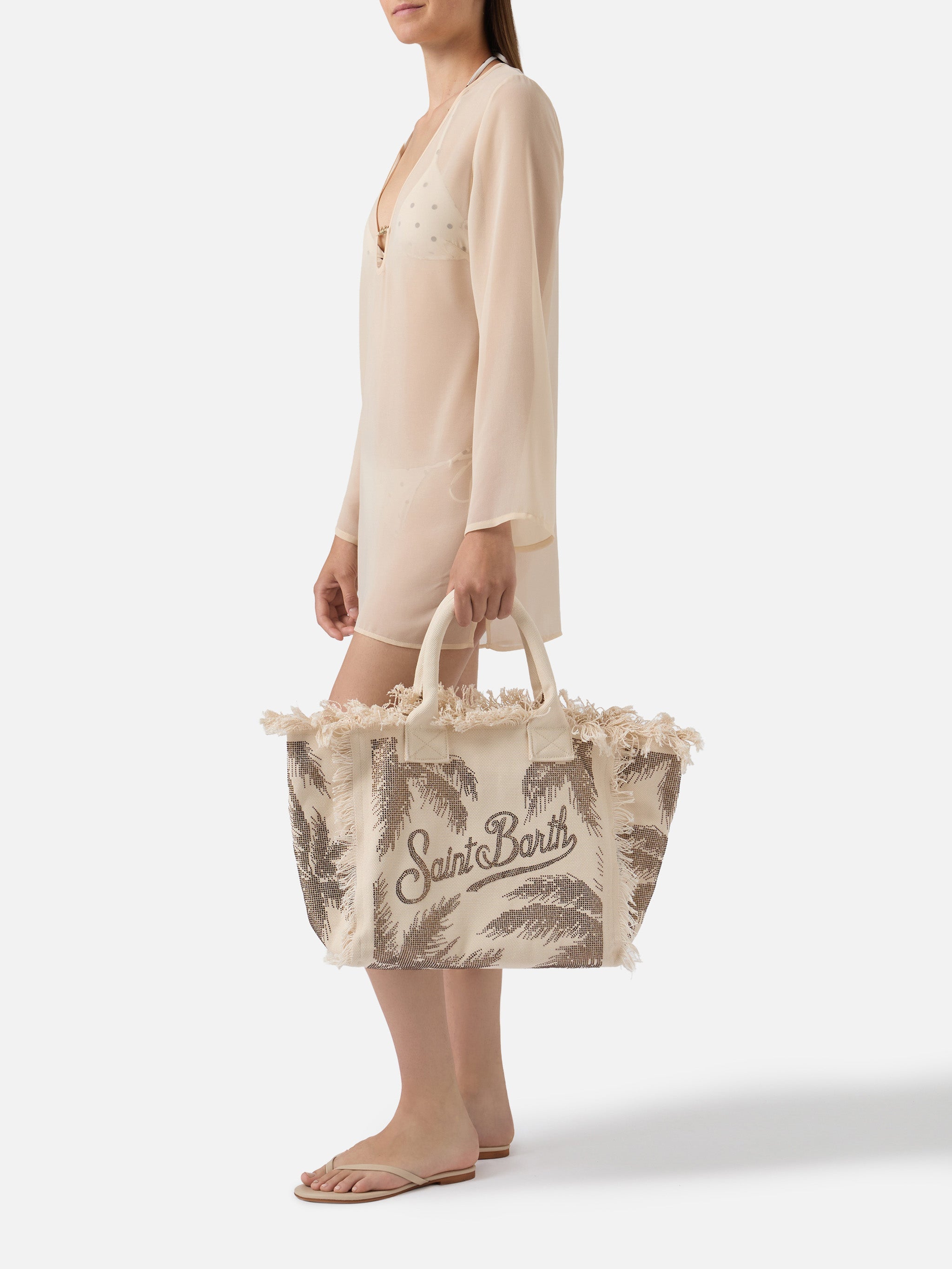Bolso Vanity de lona de tamaño regular, con estampado de palmeras y strass