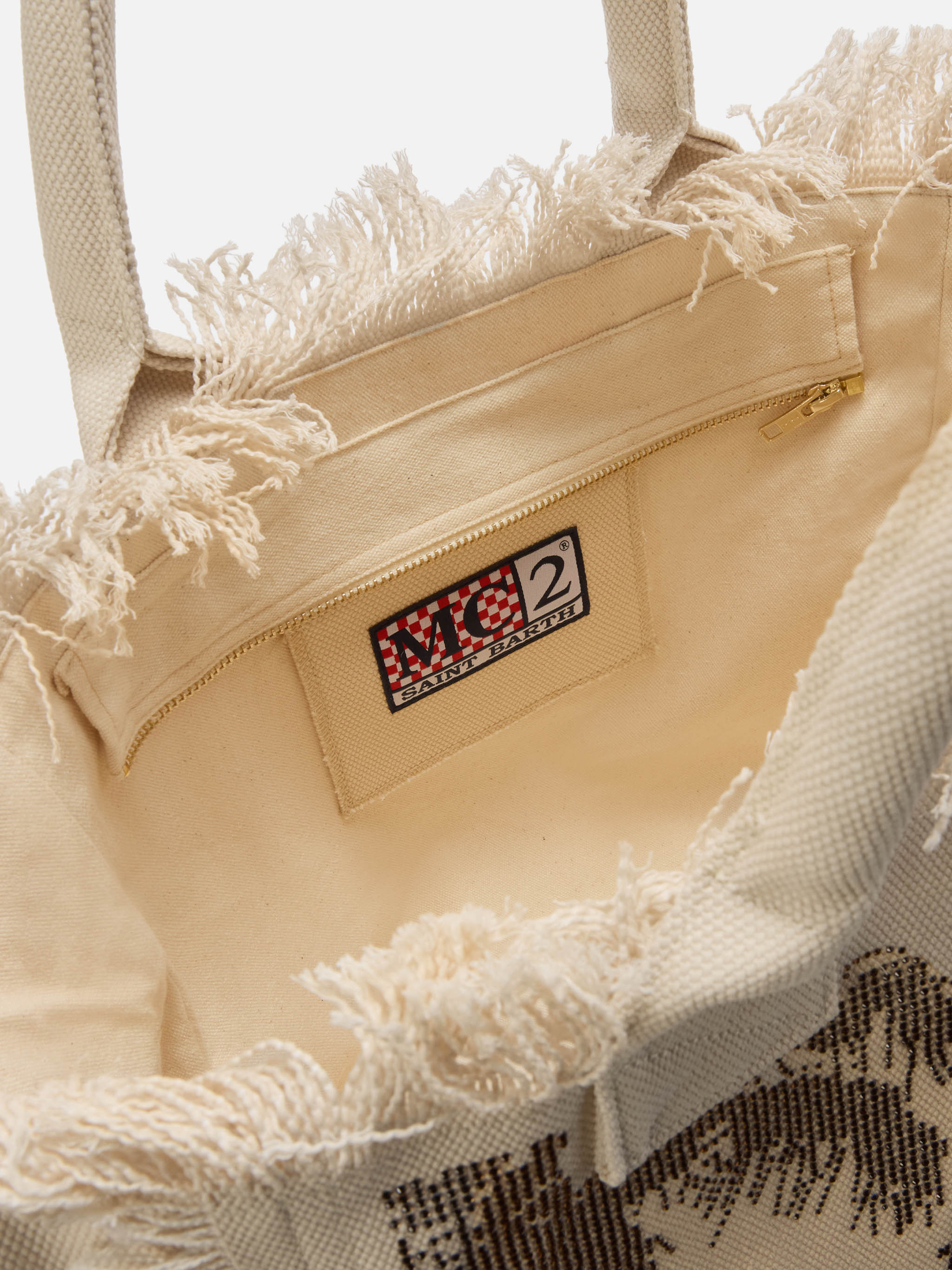 Bolso Vanity de lona de tamaño regular, con estampado de palmeras y strass