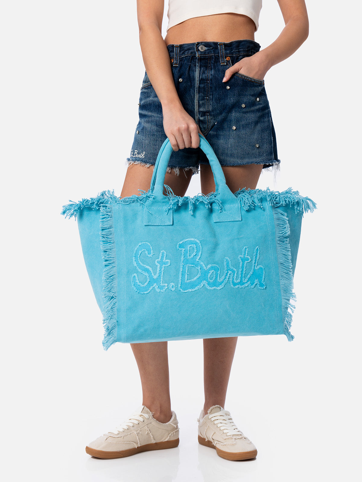 Bolsa tote Vanity en tela de algodón azul celeste con parche con logotipo