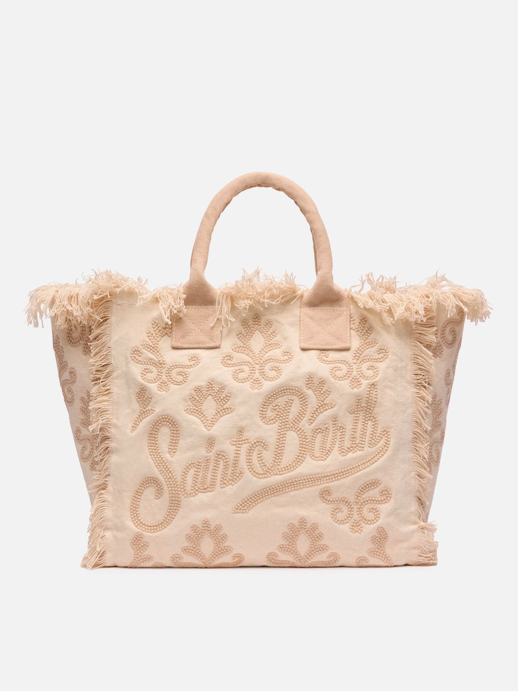 Bolso Vanity de tamaño regular en lona con bordado de lirio y tufting en color beige