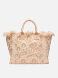 Bolso Vanity de tamaño regular en lona con bordado de lirio y tufting en color beige
