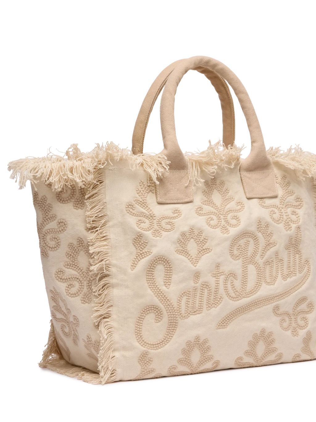Bolso Vanity de tamaño regular en lona con bordado de lirio y tufting en color beige