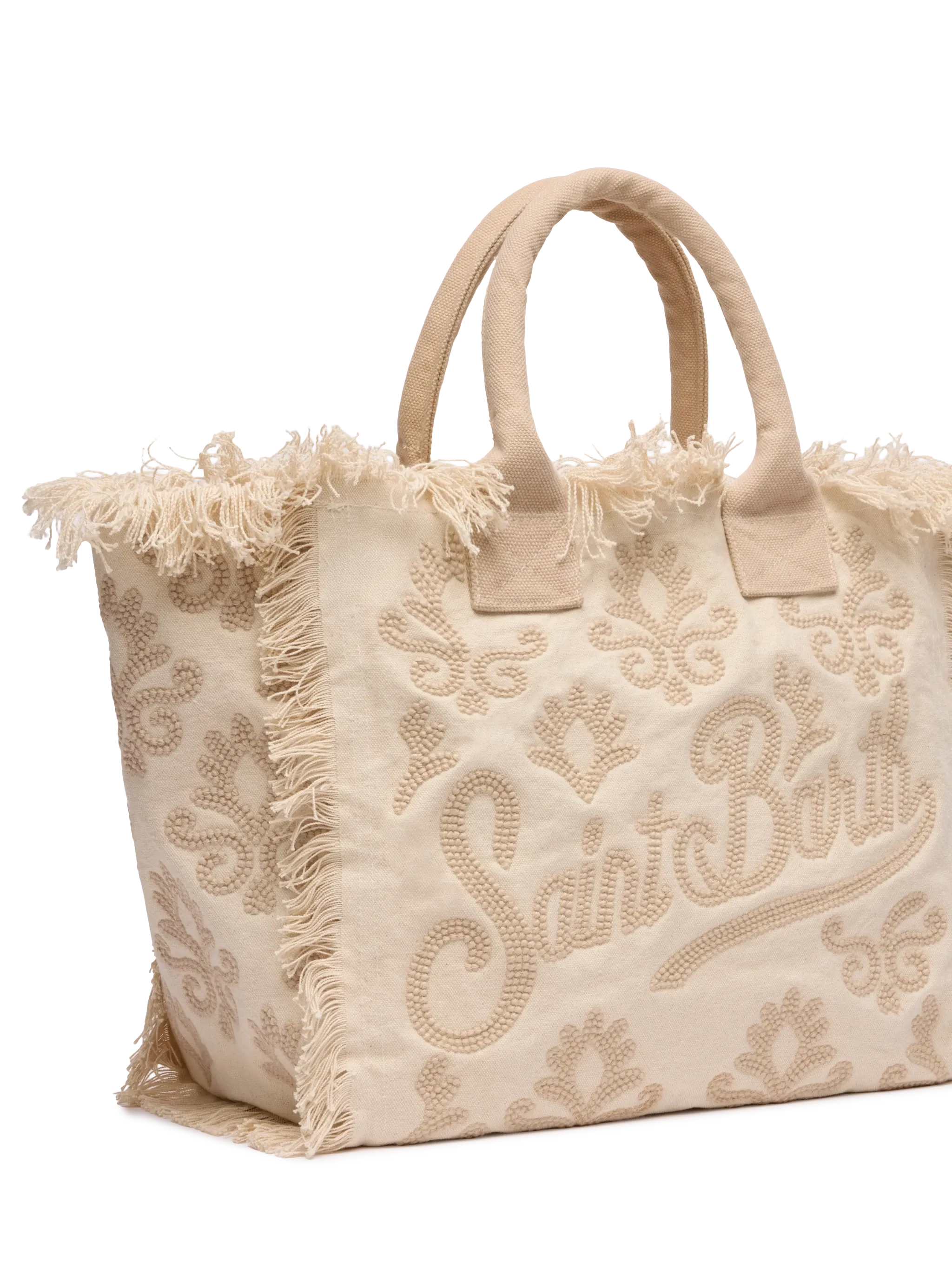 Bolso Vanity de tamaño regular en lona con bordado de lirio y tufting en color beige