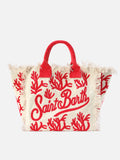 Bolso Vanity regular en lona con bordado en color coral y tufting